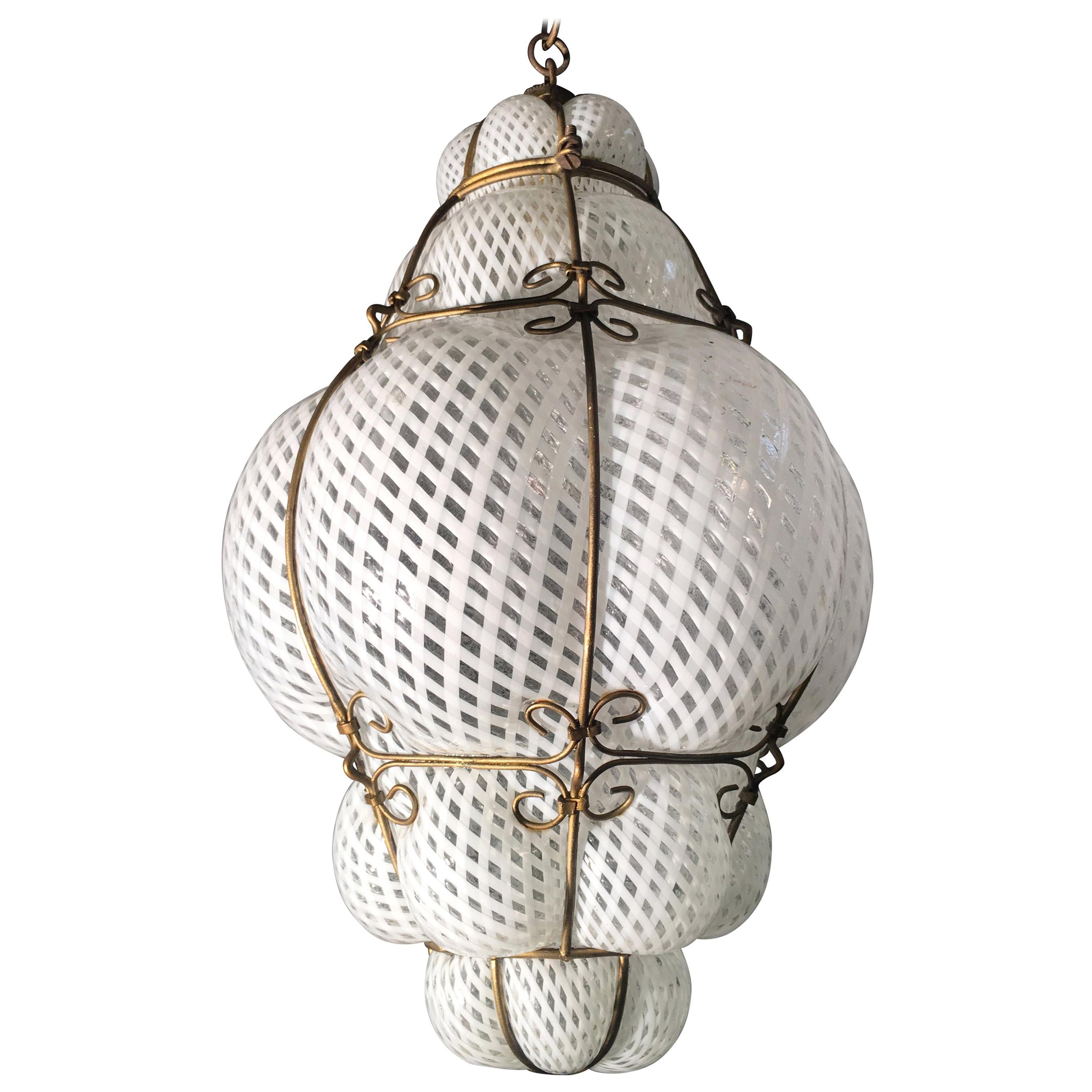 Amazing Venetian Lantern in Murano Reticello Glass, 1940s