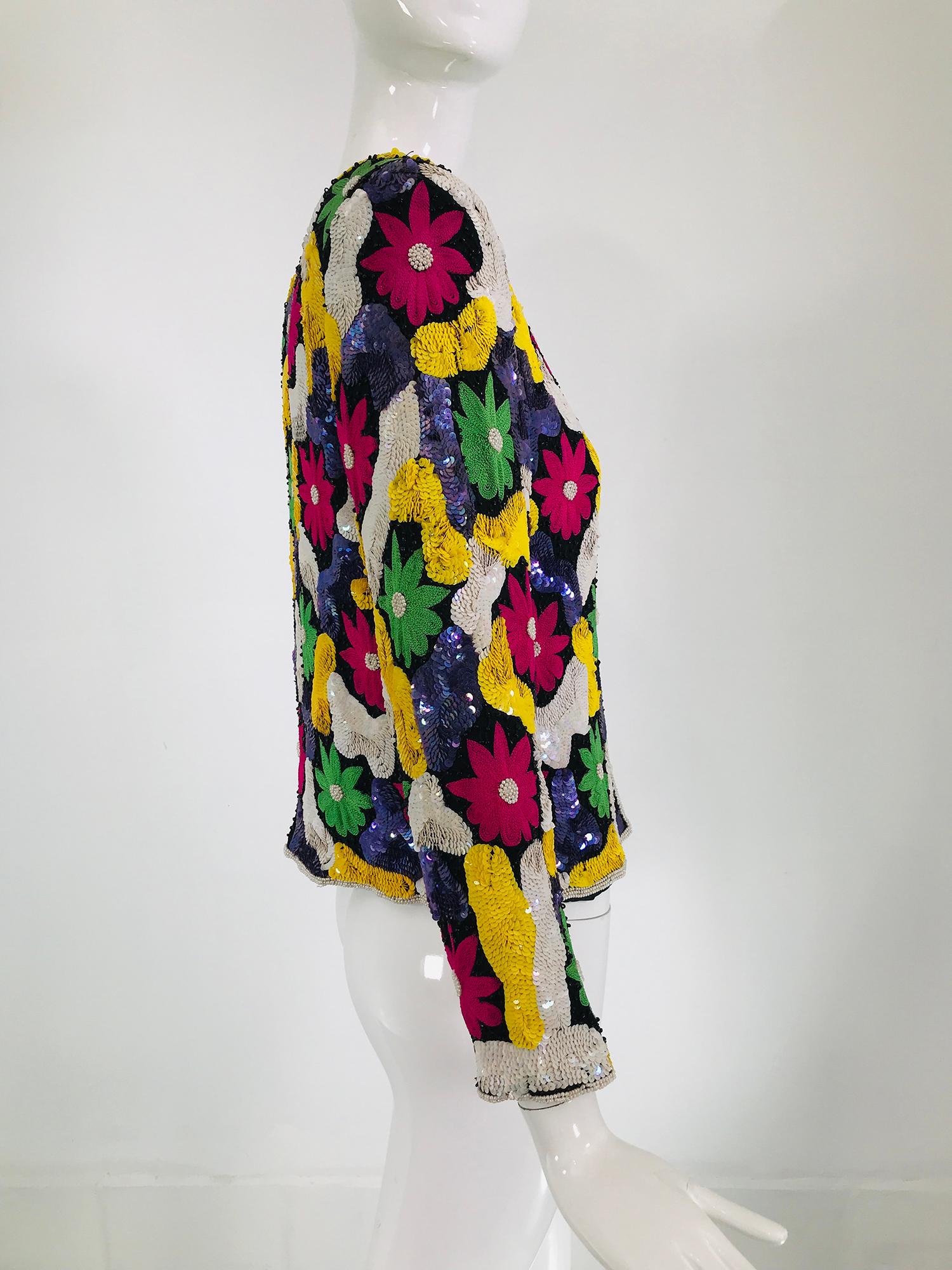 Amazing Vibrant Floral Sequin Silk Encrusted Jacket 1970s 6