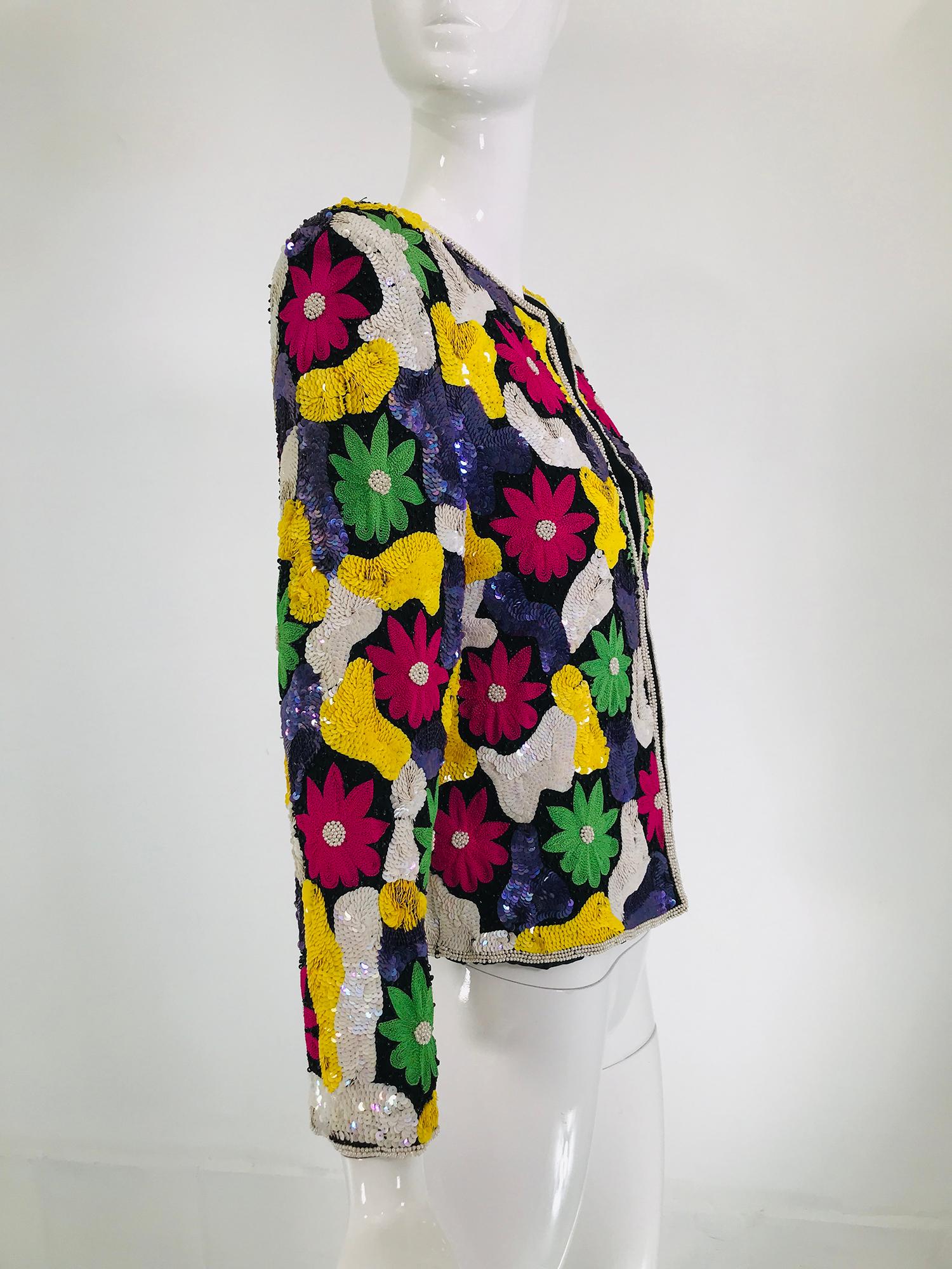 Amazing Vibrant Floral Sequin Silk Encrusted Jacket 1970s 7