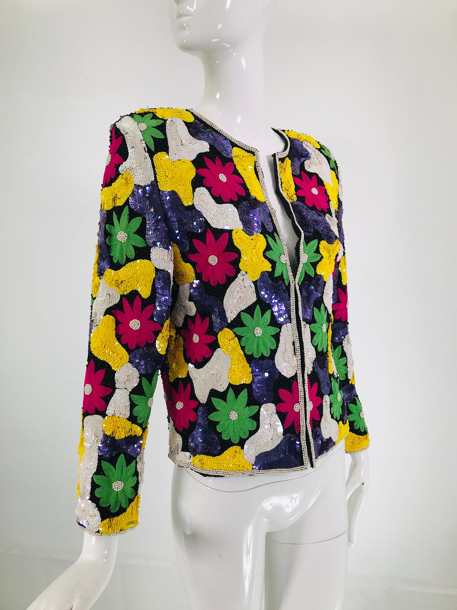 Amazing Vibrant Floral Sequin Silk Encrusted Jacket 1970s 8
