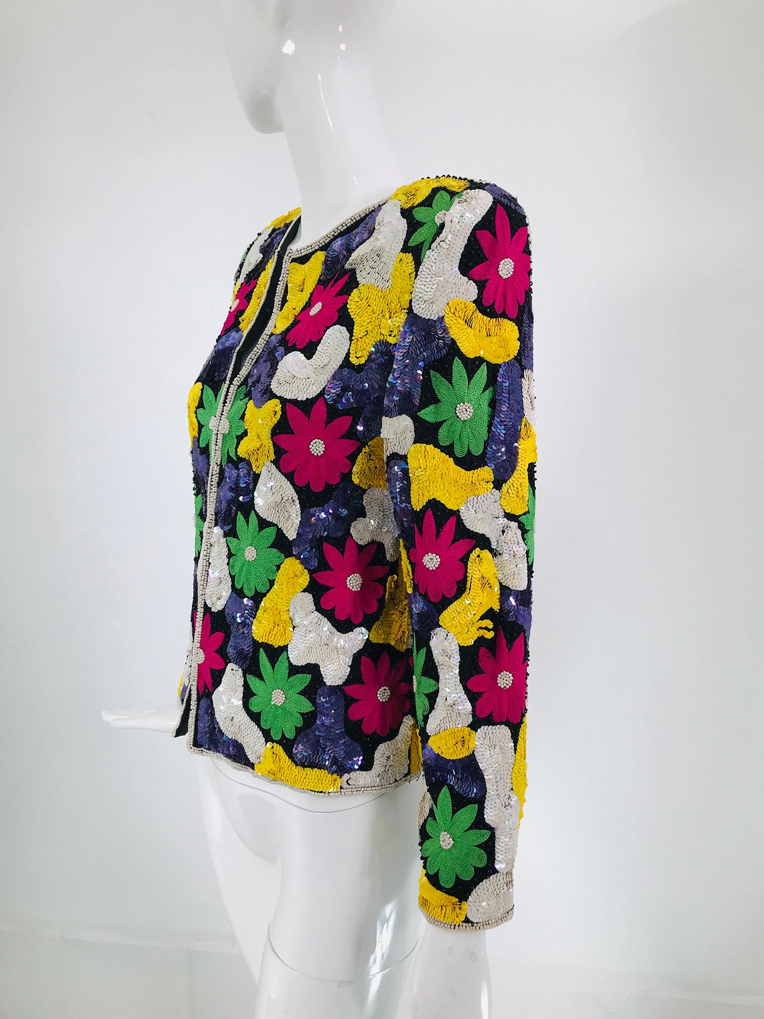 Amazing Vibrant Floral Sequin Silk Encrusted Jacket 1970s In Good Condition In West Palm Beach, FL
