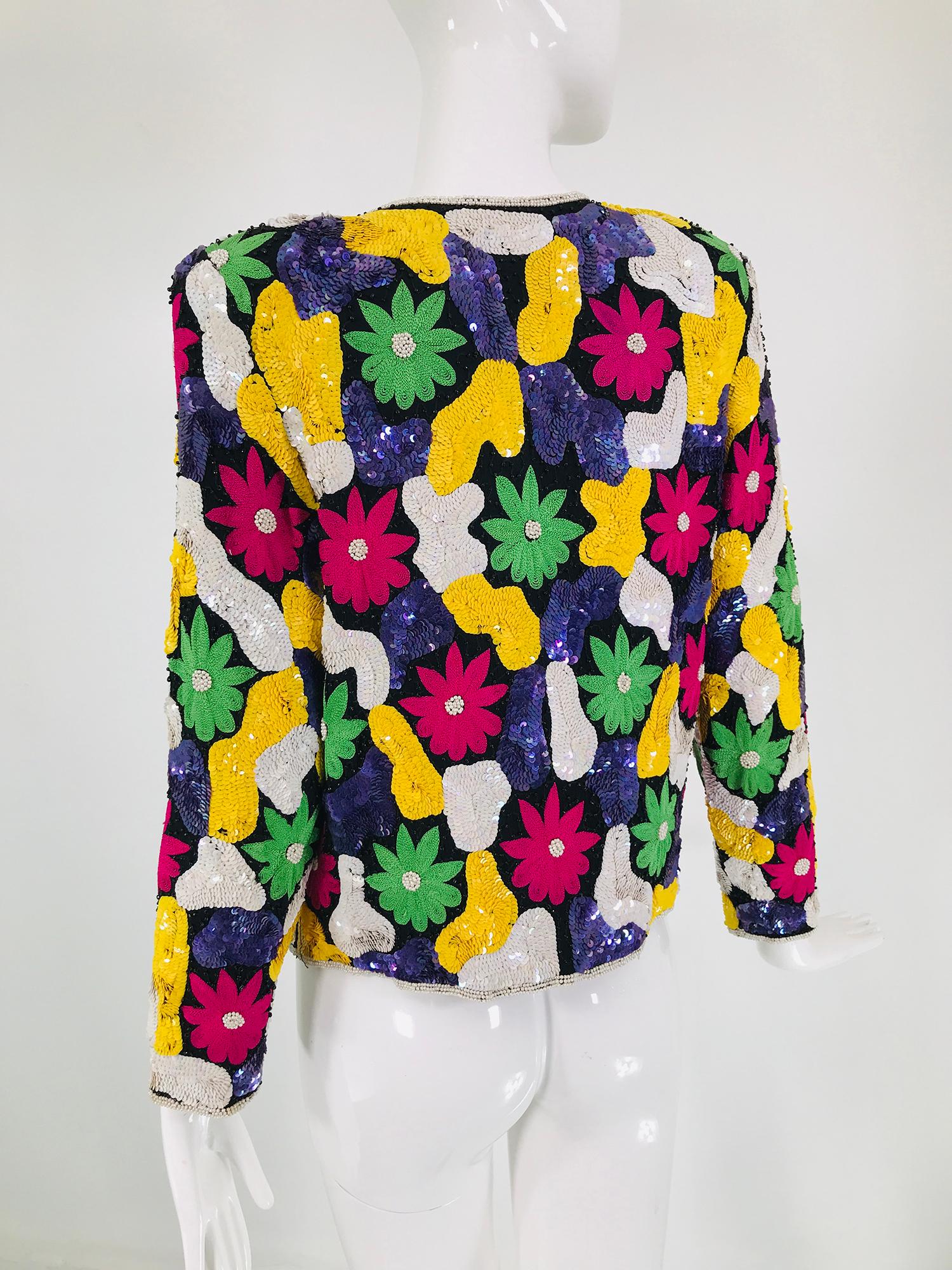 Amazing Vibrant Floral Sequin Silk Encrusted Jacket 1970s 2