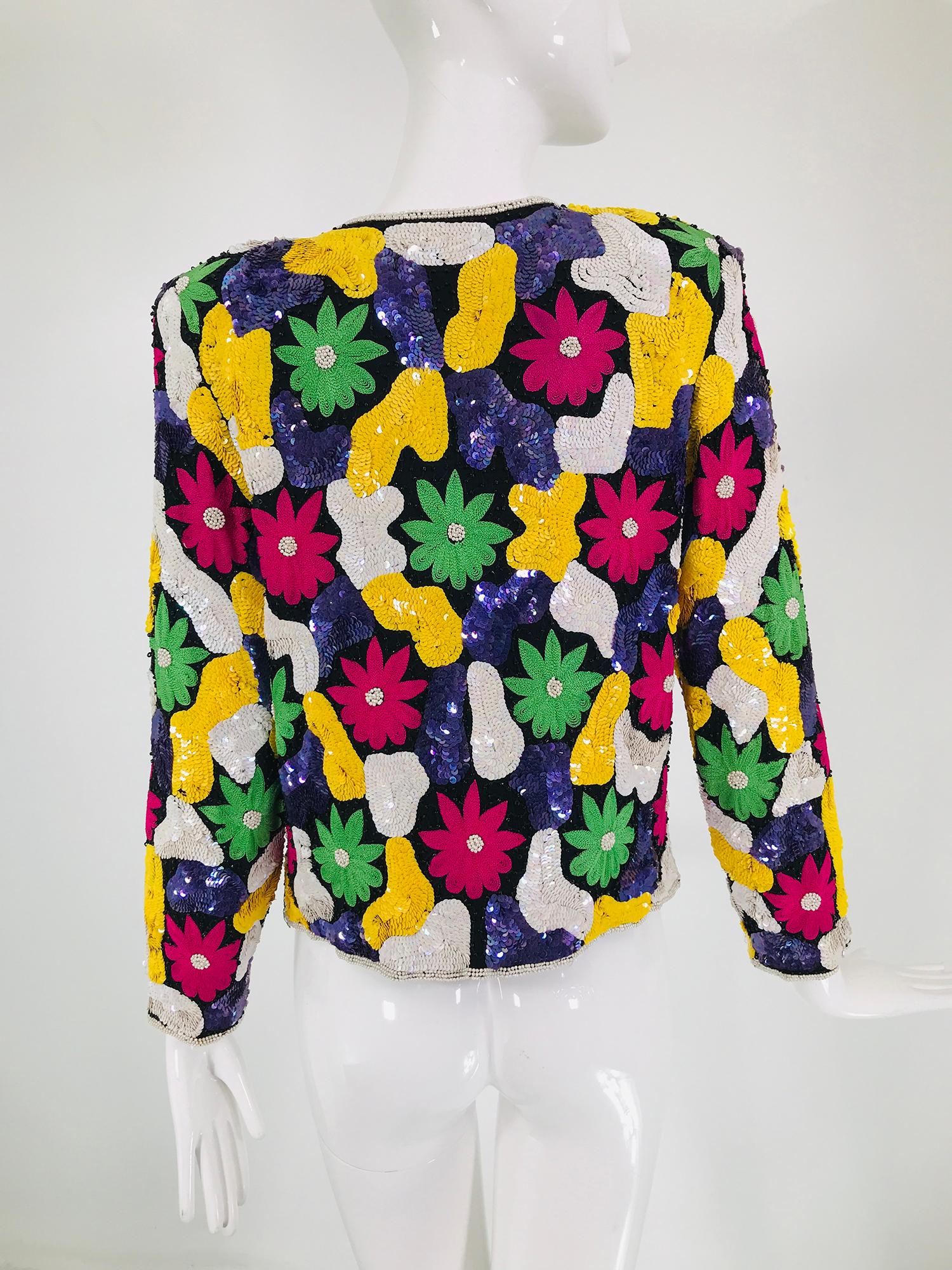 Amazing Vibrant Floral Sequin Silk Encrusted Jacket 1970s 3