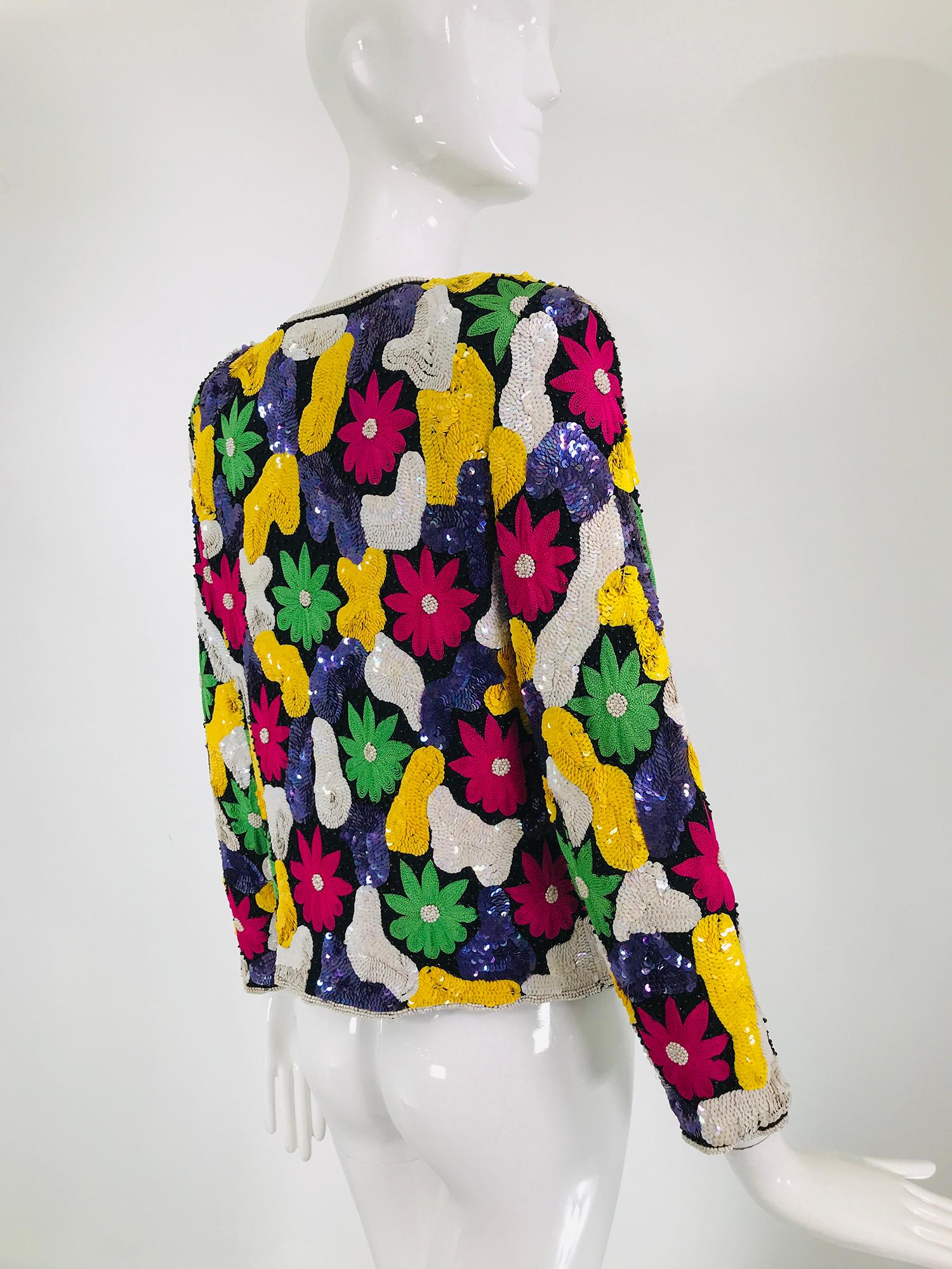 Amazing Vibrant Floral Sequin Silk Encrusted Jacket 1970s 4