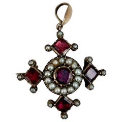 Amazing Victorian Flat Cut Garnet and Pearl Gold Brooch / Pendant