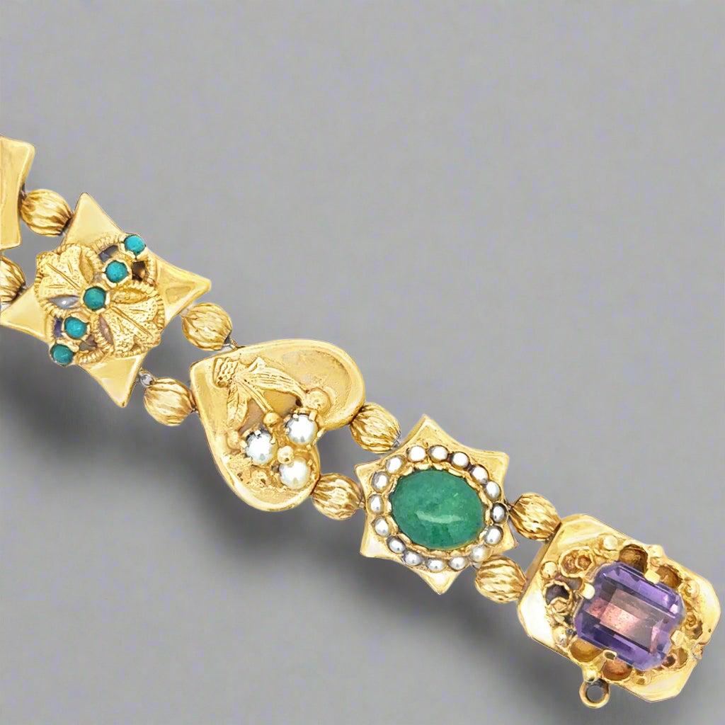Amazing Victorian Vintage Slide Charm Bracelet In Good Condition For Sale In Derby, NY