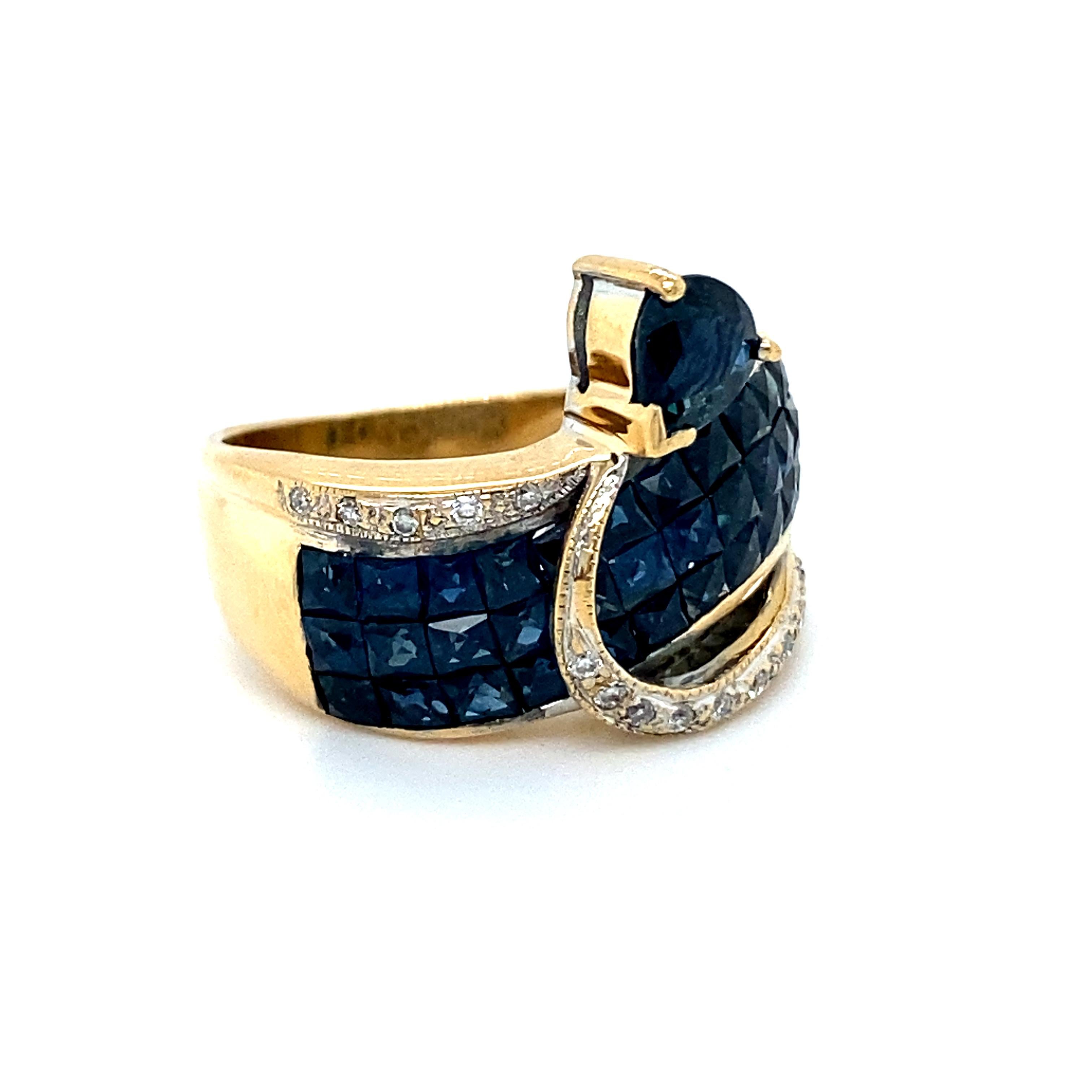 Resizing to a 6 included. Thank you. 

This Vintage Diamond and Invisible Set Sapphire Ring is just amazing! Crafted in a rich 18K Yellow Gold, the design features a gorgeous wave of sparkly invisible set sapphires, flanked by diamonds, topped off