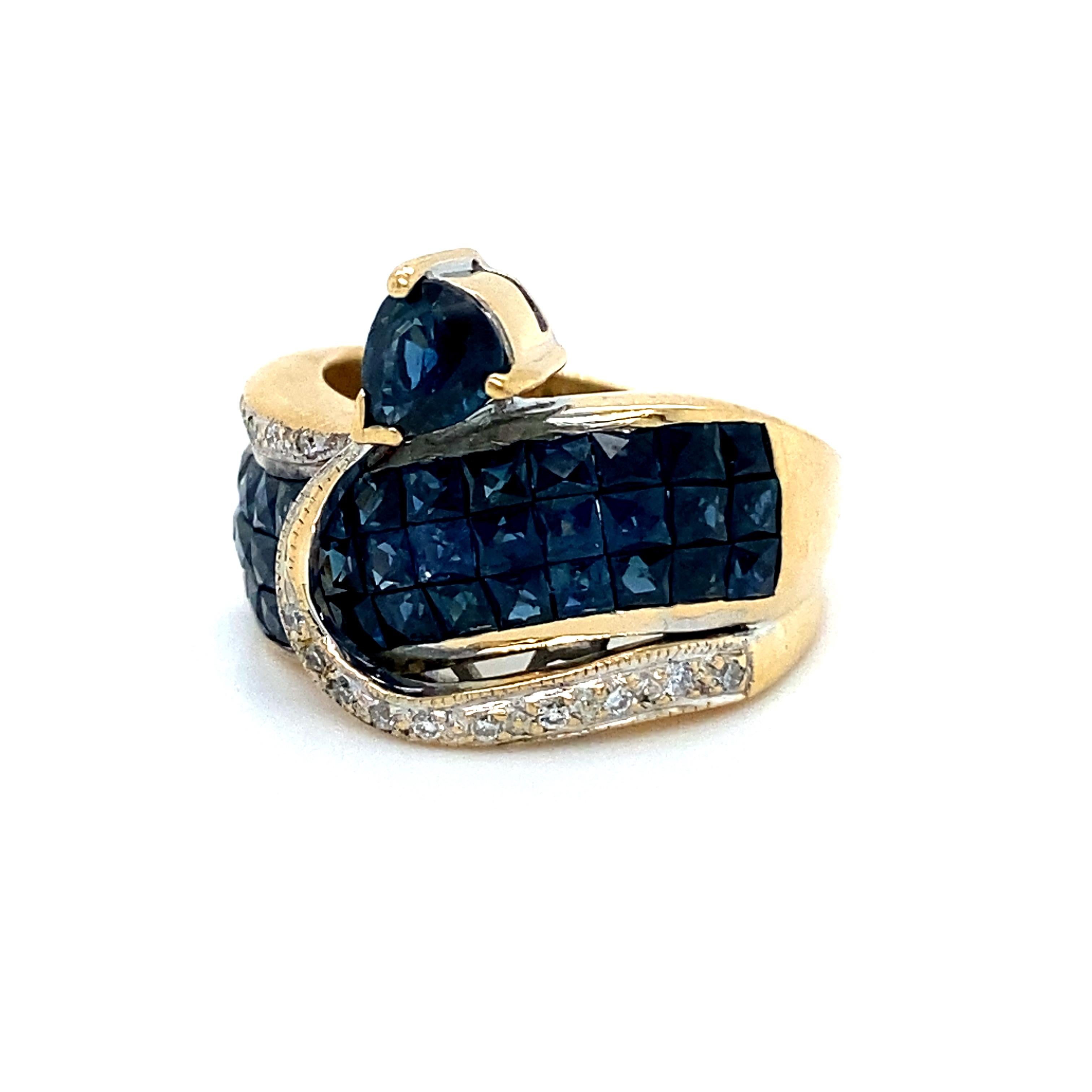 Modern Amazing Vintage 18K Yellow Gold Diamond and Sapphire Invisible Set Ring.