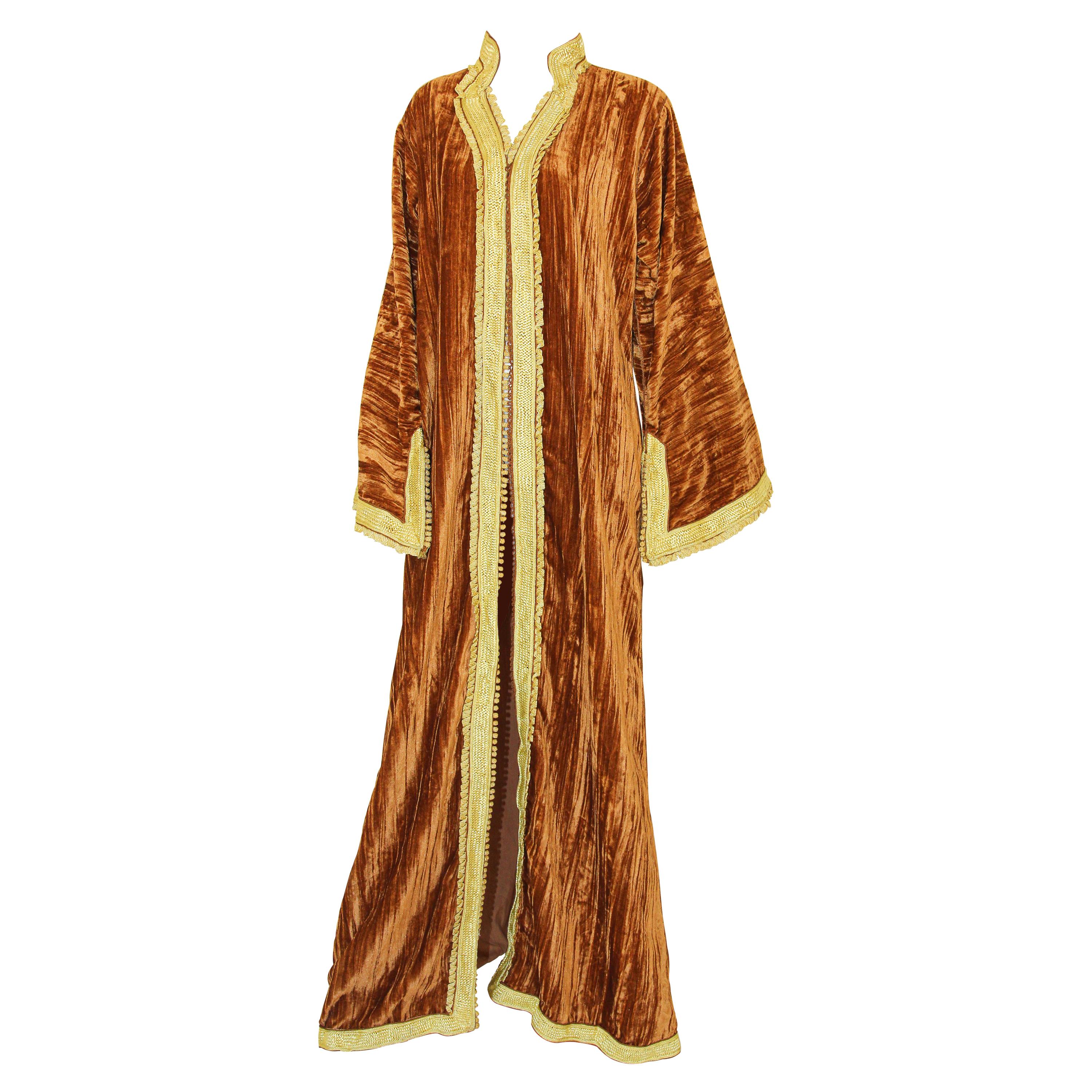Amazing Vintage Caftan, Caramel Velvet and Gold Embroidered, ca. 1960s For Sale
