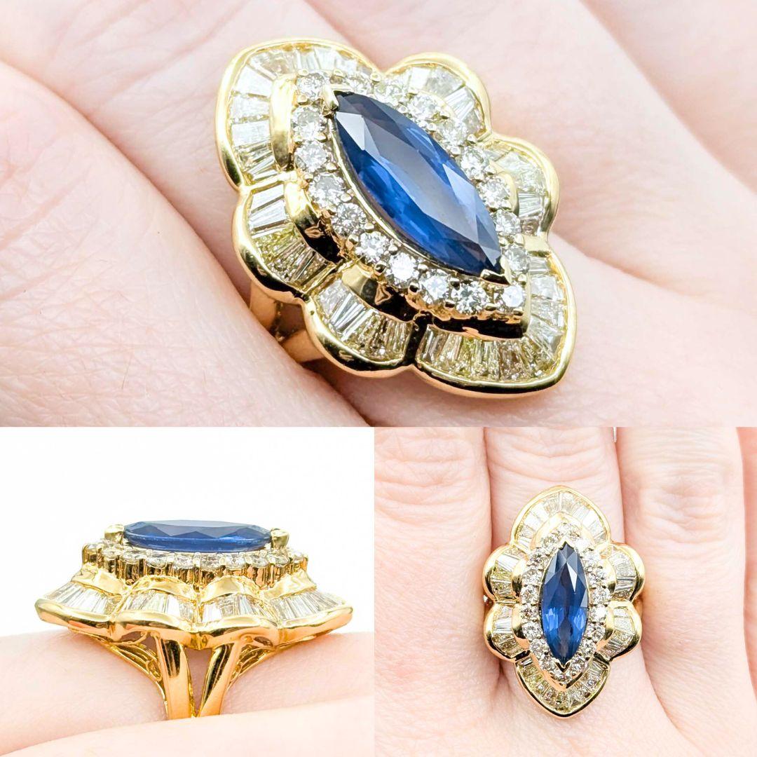 Amazing Vintage GIA 2.16ct Sapphire & Baguette Diamond halo Ring
Introducing this stunning vintage Sapphire Ring, meticulously crafted in a 14k yellow gold. The ring showcases 2.70ctw Diamonds surrounding a stunning 2.16ct Blue GIA Sapphire. This