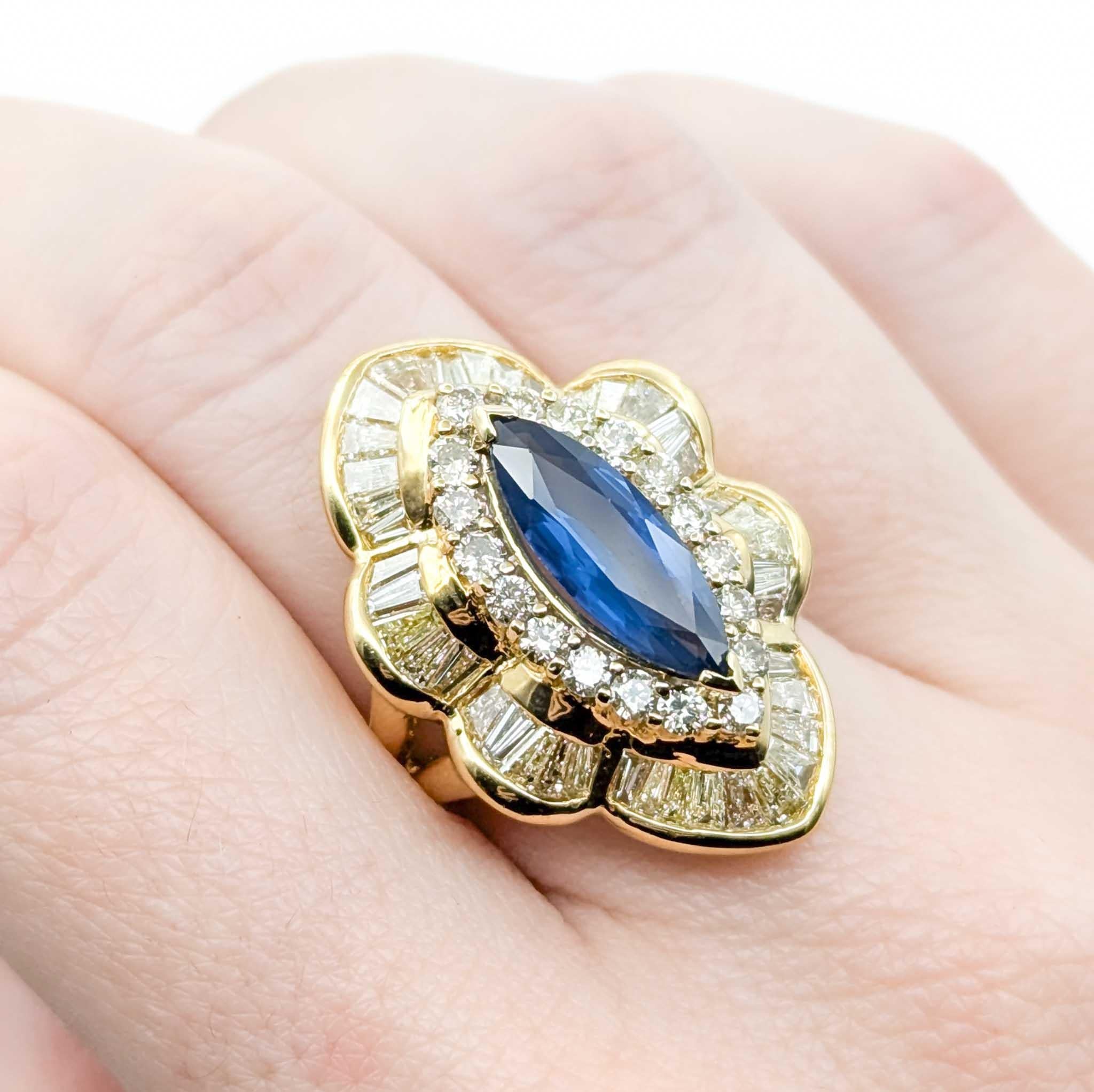 Marquise Cut Amazing Vintage GIA 2.16ct Sapphire & Baguette Diamond halo Ring For Sale