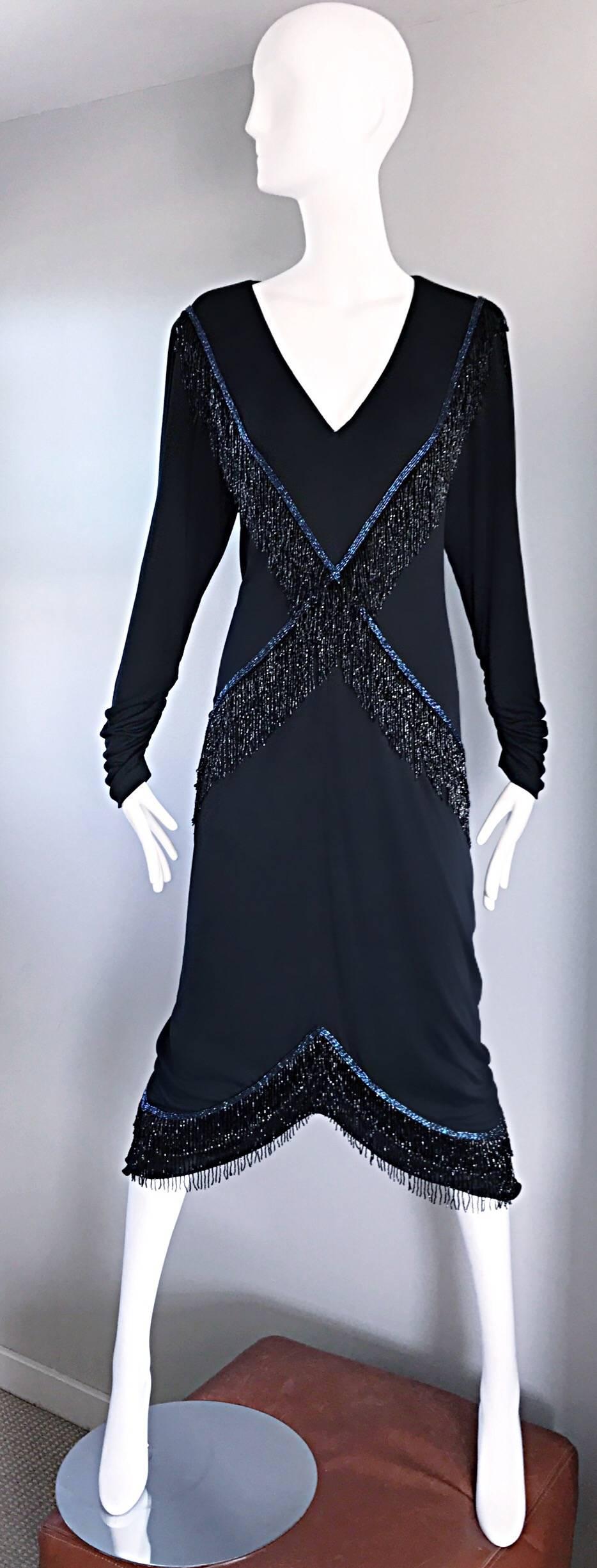 Amazing Vintage Holly's Harp 1970s Black + Blue Beaded Silk Jersey Flapper Dress For Sale 1