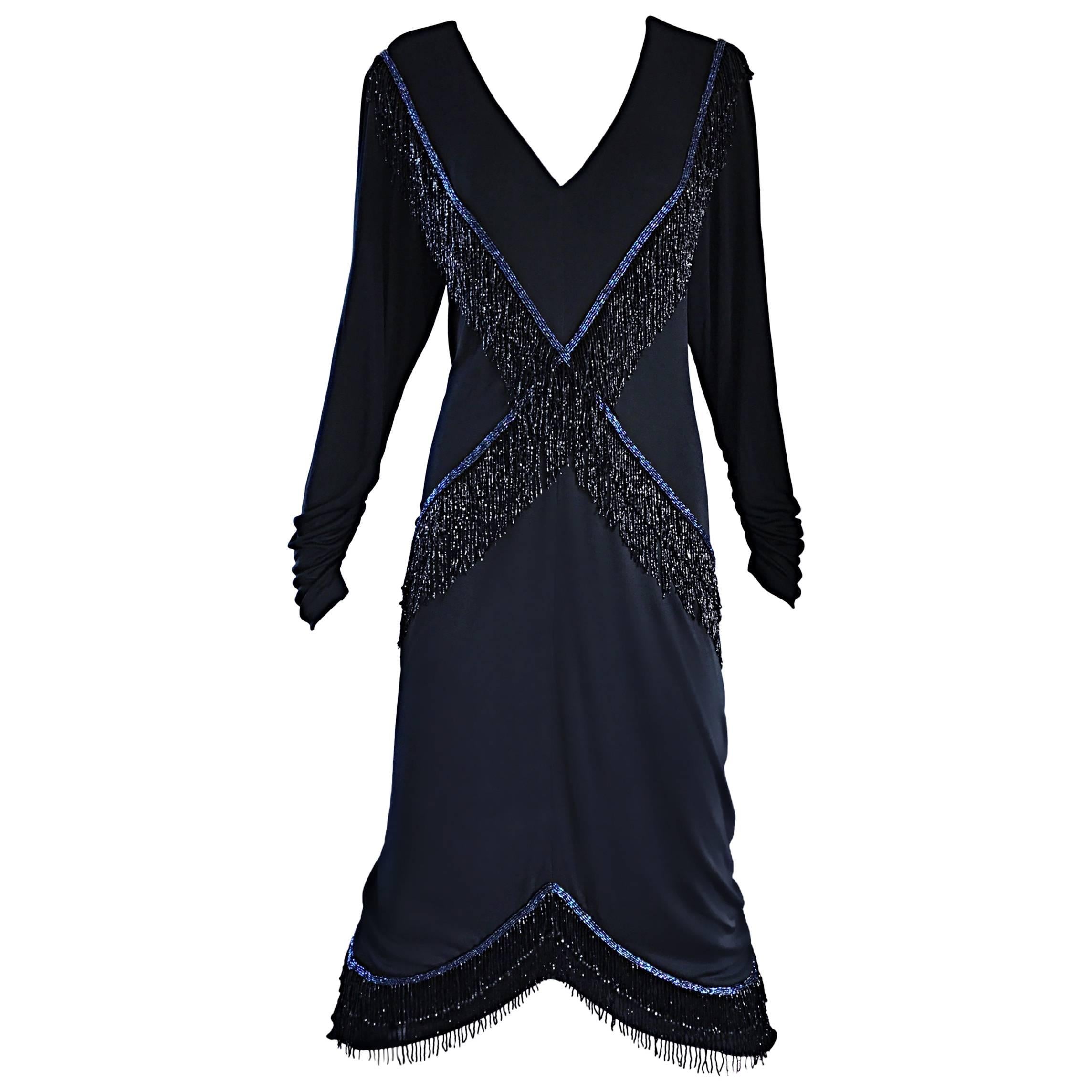 Amazing Vintage Holly's Harp 1970s Black + Blue Beaded Silk Jersey Flapper Dress For Sale
