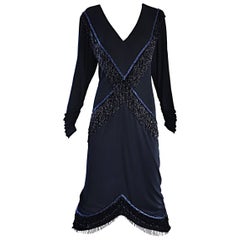 Amazing Vintage Holly's Harp 1970s Black + Blue Beaded Silk Jersey Flapper Dress