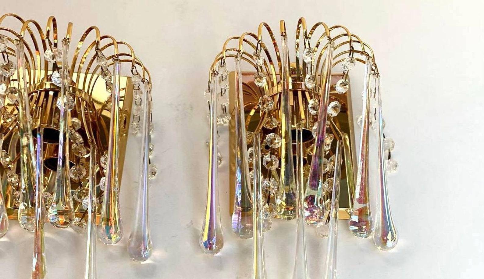 Mid-Century Modern Amazing Vintage Set Of 3 Wall Lamps  French Crystal And Brass Wall Sconces, 60s