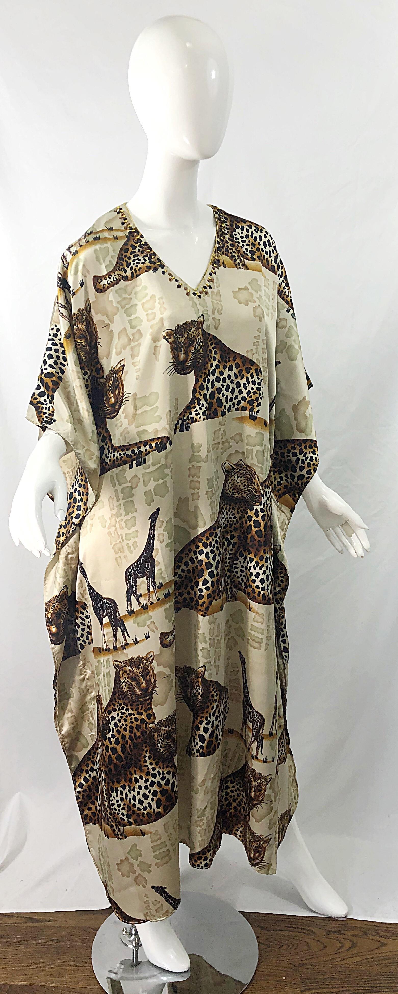 Amazing Vintage Tiger King Animal Print Silky Sequin Beaded Caftan Maxi Dress For Sale 2