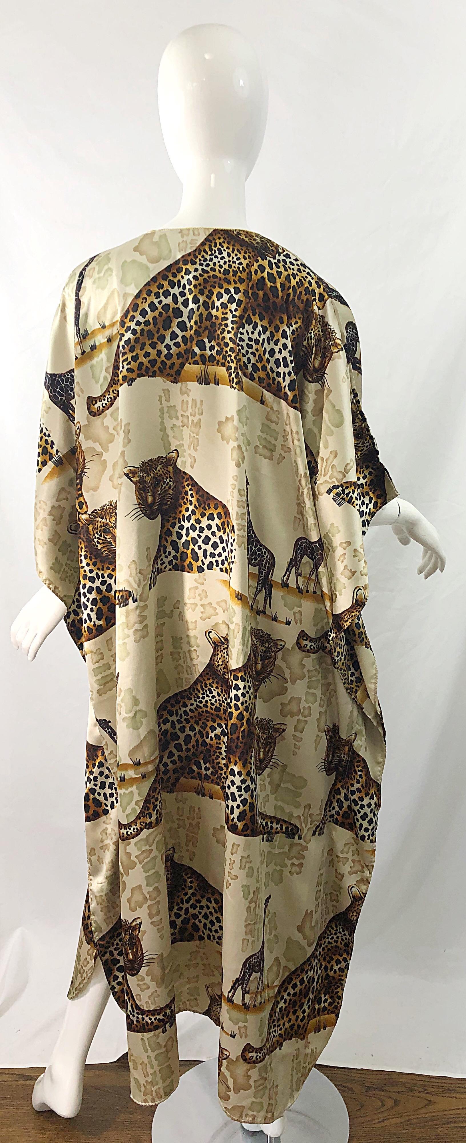 Amazing Vintage Tiger King Animal Print Silky Sequin Beaded Caftan Maxi Dress For Sale 4