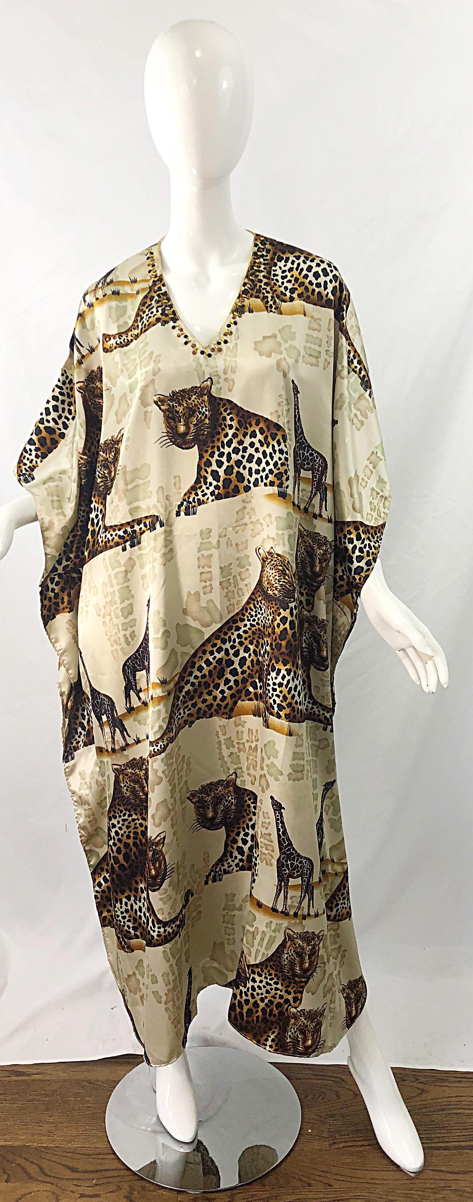 Amazing Vintage Tiger King Animal Print Silky Sequin Beaded Caftan Maxi Dress For Sale 5