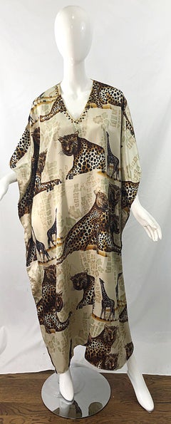 Amazing Vintage Tiger King Animal Print Silky Sequin Beaded Caftan Maxi Dress