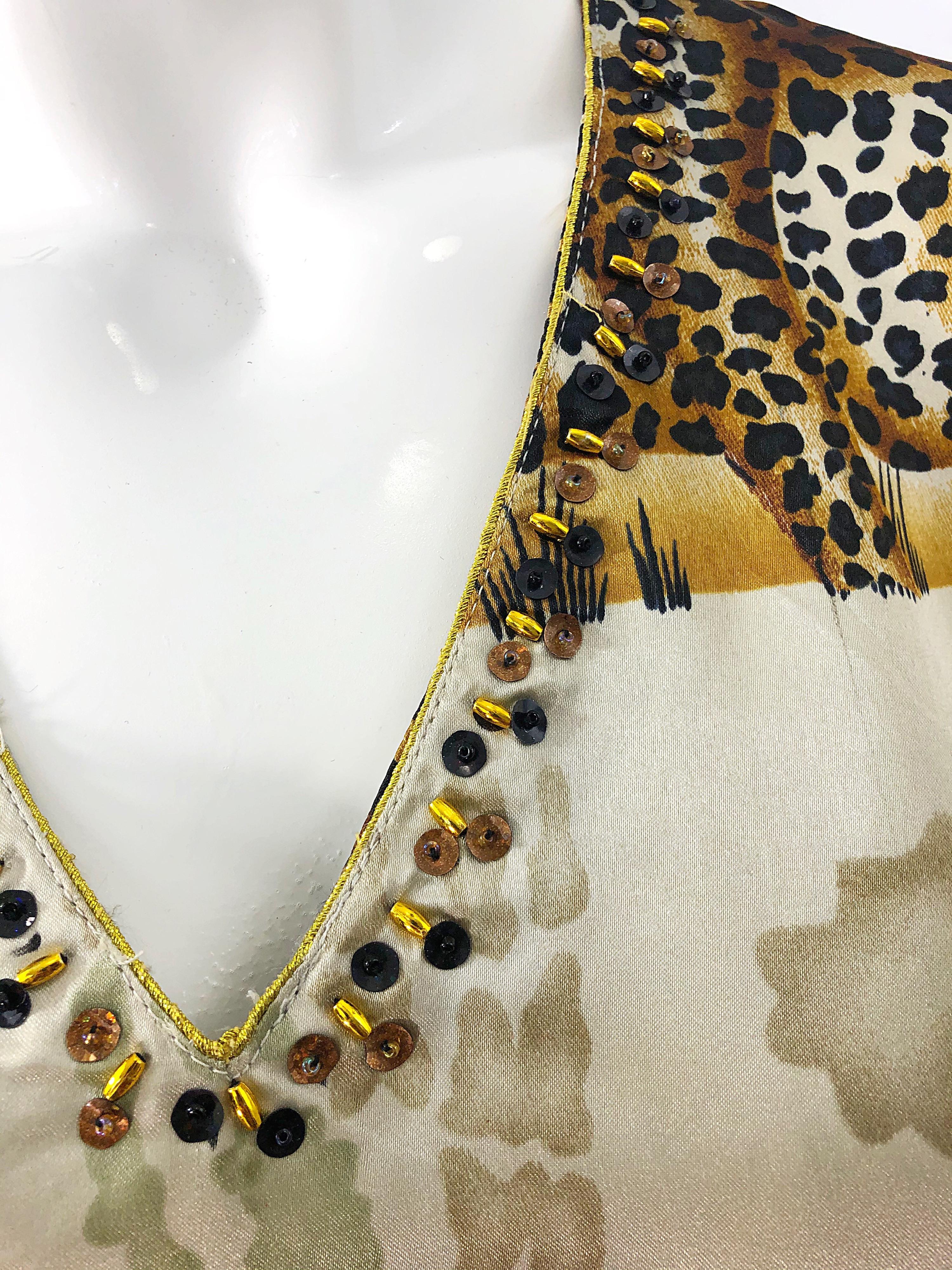 Erstaunlich Vintage Tiger King Tierdruck Seide Pailletten Perlen Kaftan Maxikleid (Braun) im Angebot