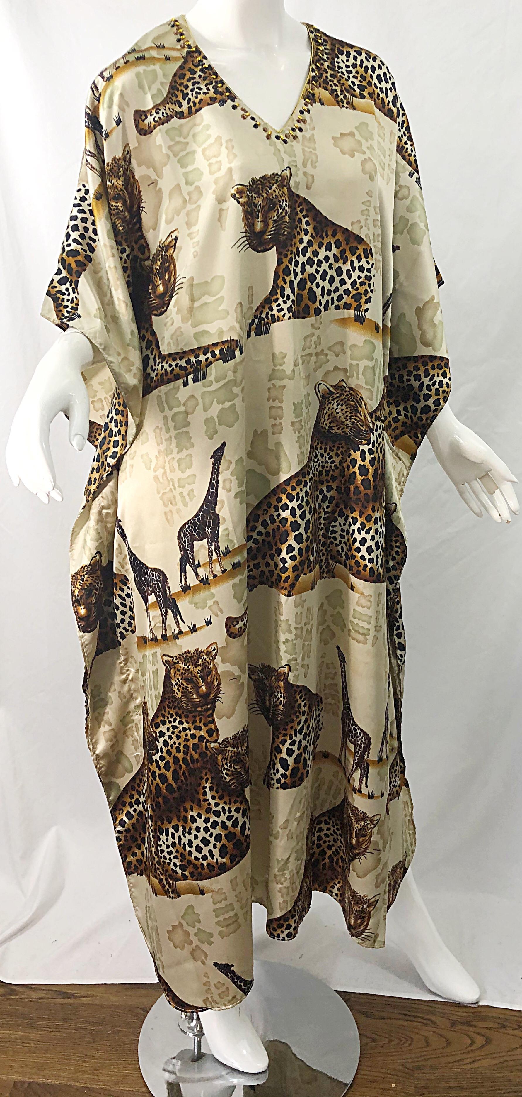 Magnifique robe longue caftan vintage en soie à sequins et perles, imprimé animal tigre roi Pour femmes en vente