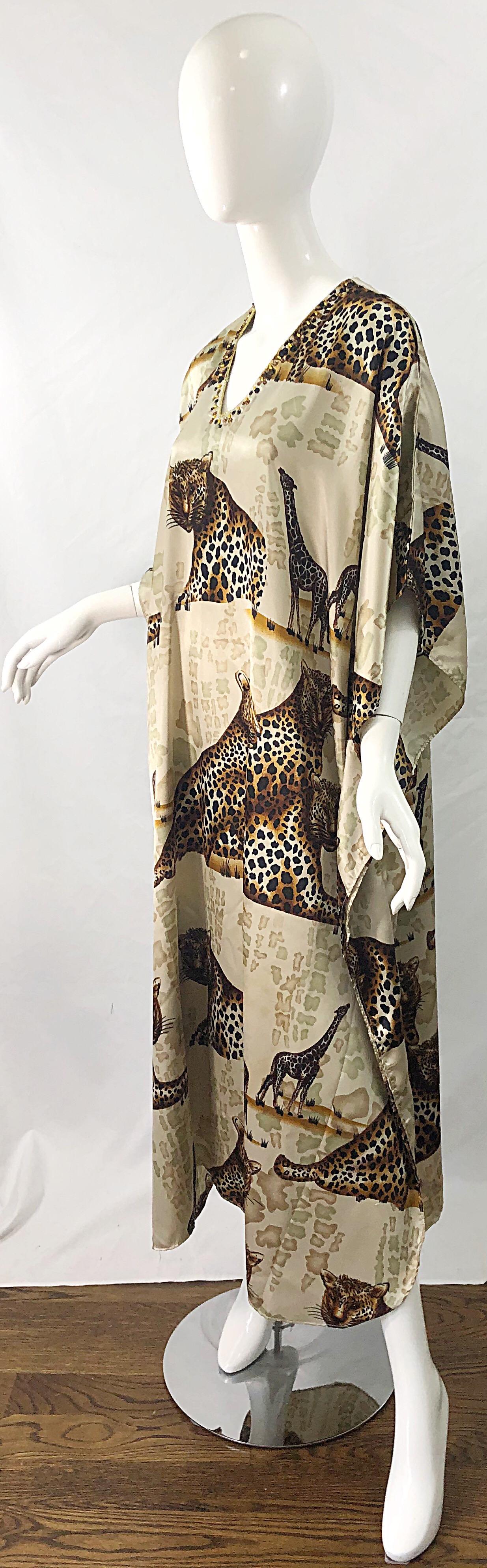 Brown Amazing Vintage Tiger King Animal Print Silky Sequin Beaded Caftan Maxi Dress For Sale