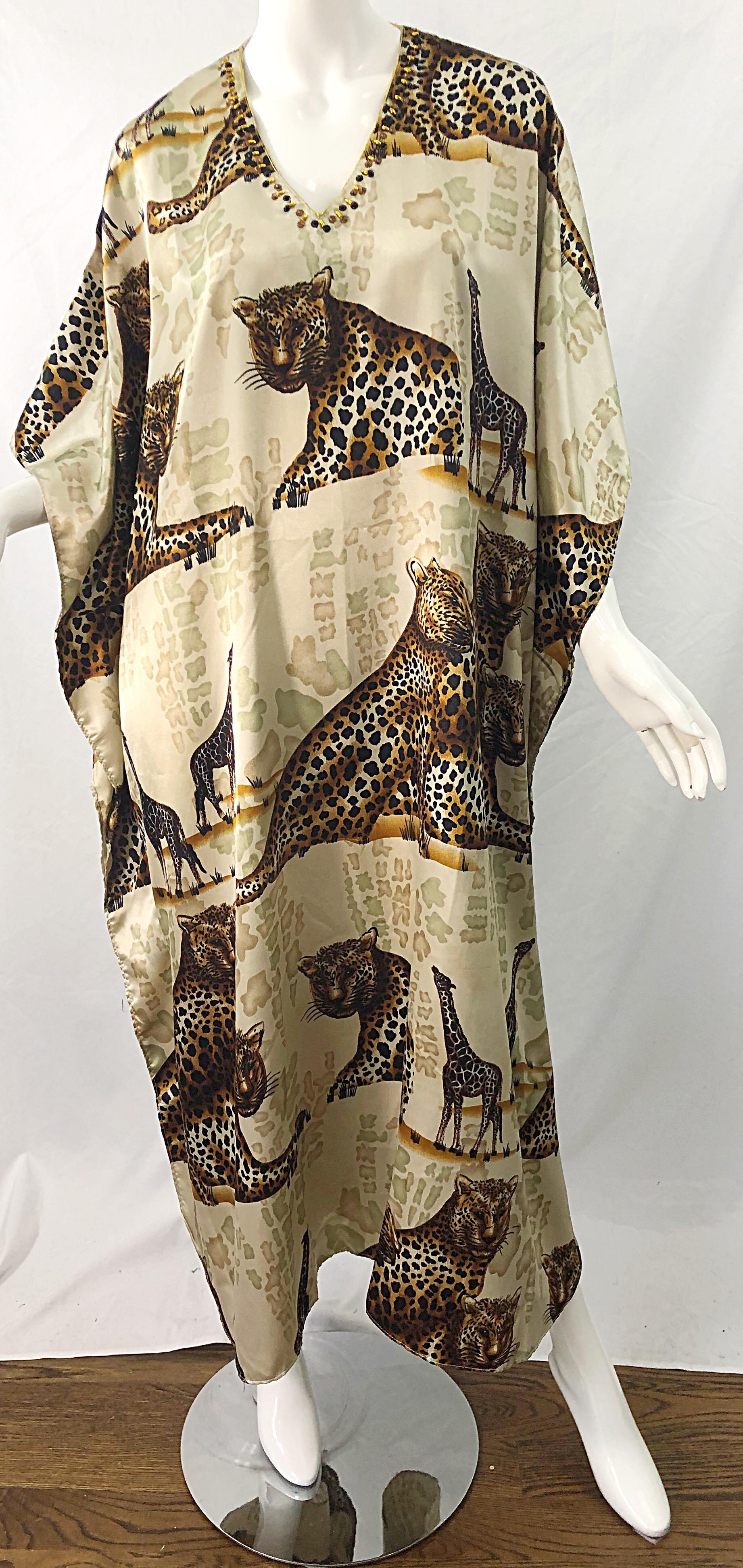 Women's Amazing Vintage Tiger King Animal Print Silky Sequin Beaded Caftan Maxi Dress For Sale