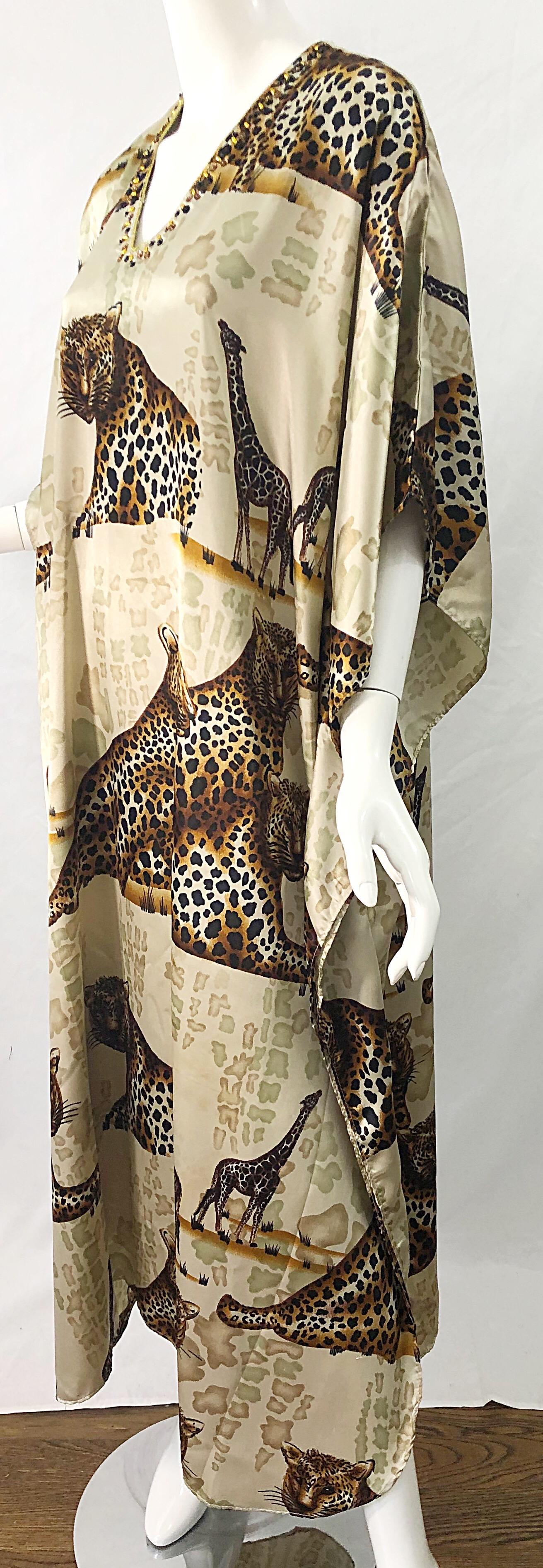 Amazing Vintage Tiger King Animal Print Silky Sequin Beaded Caftan Maxi Dress For Sale 1