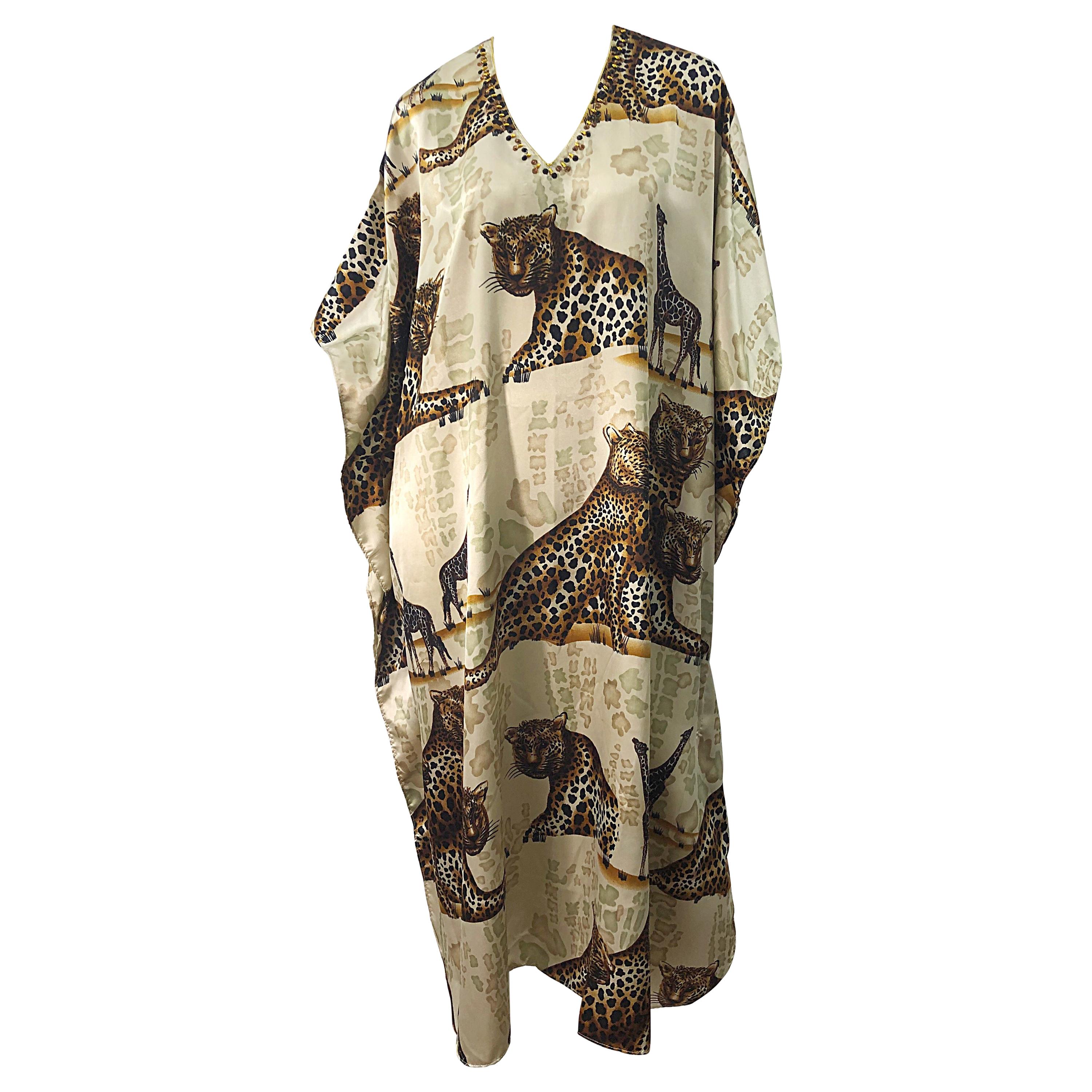 Amazing Vintage Tiger King Animal Print Silky Sequin Beaded Caftan Maxi Dress For Sale