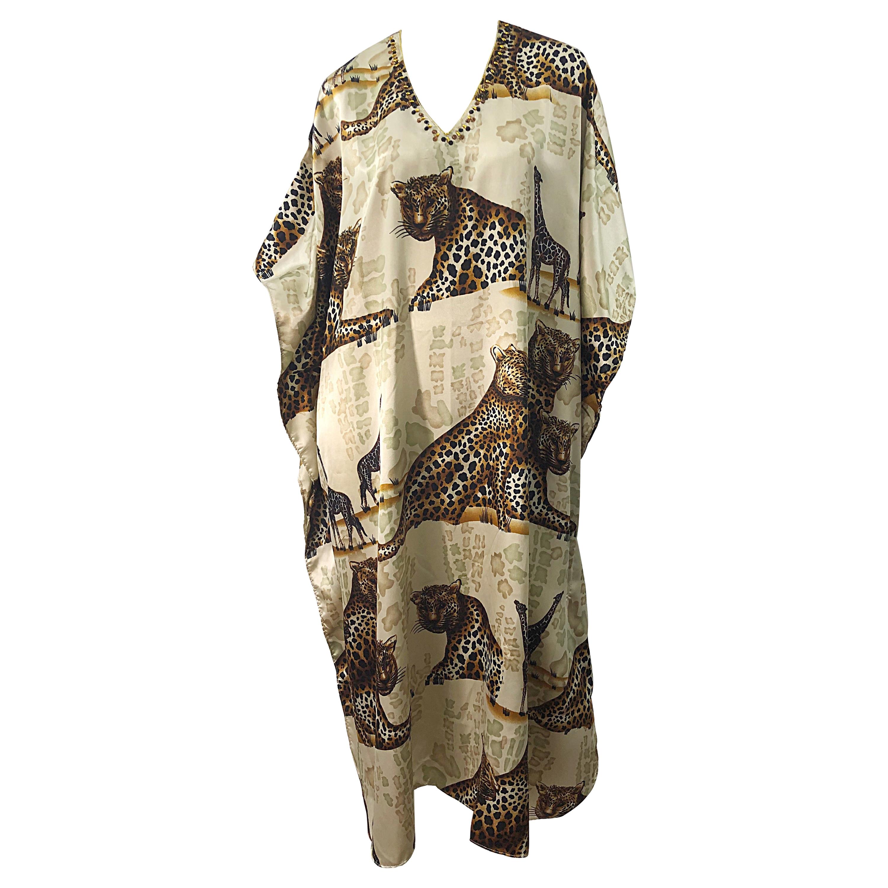 Erstaunlich Vintage Tiger King Tierdruck Seide Pailletten Perlen Kaftan Maxikleid im Angebot