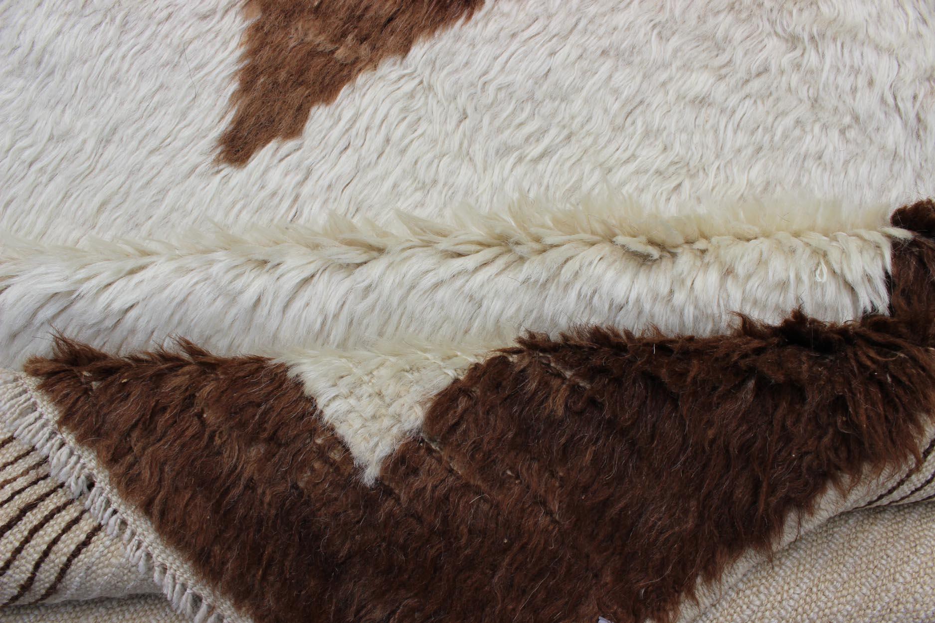 Hand-Knotted Amazing Vintage Turkish Tulu Rug with a minimalist Design in Off White and Brown For Sale