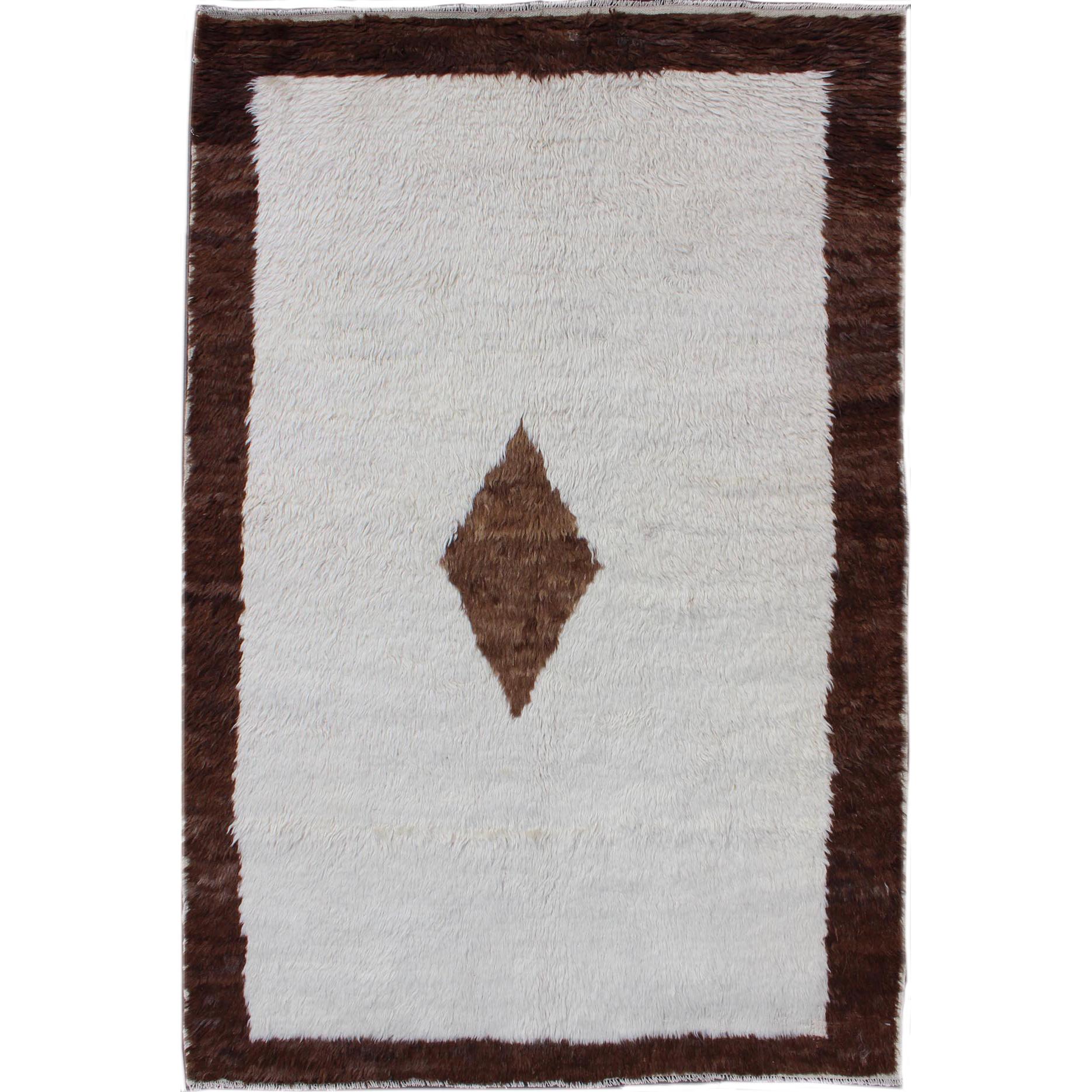 Amazing Vintage Turkish Tulu Rug with a minimalist Design in Off White and Brown For Sale