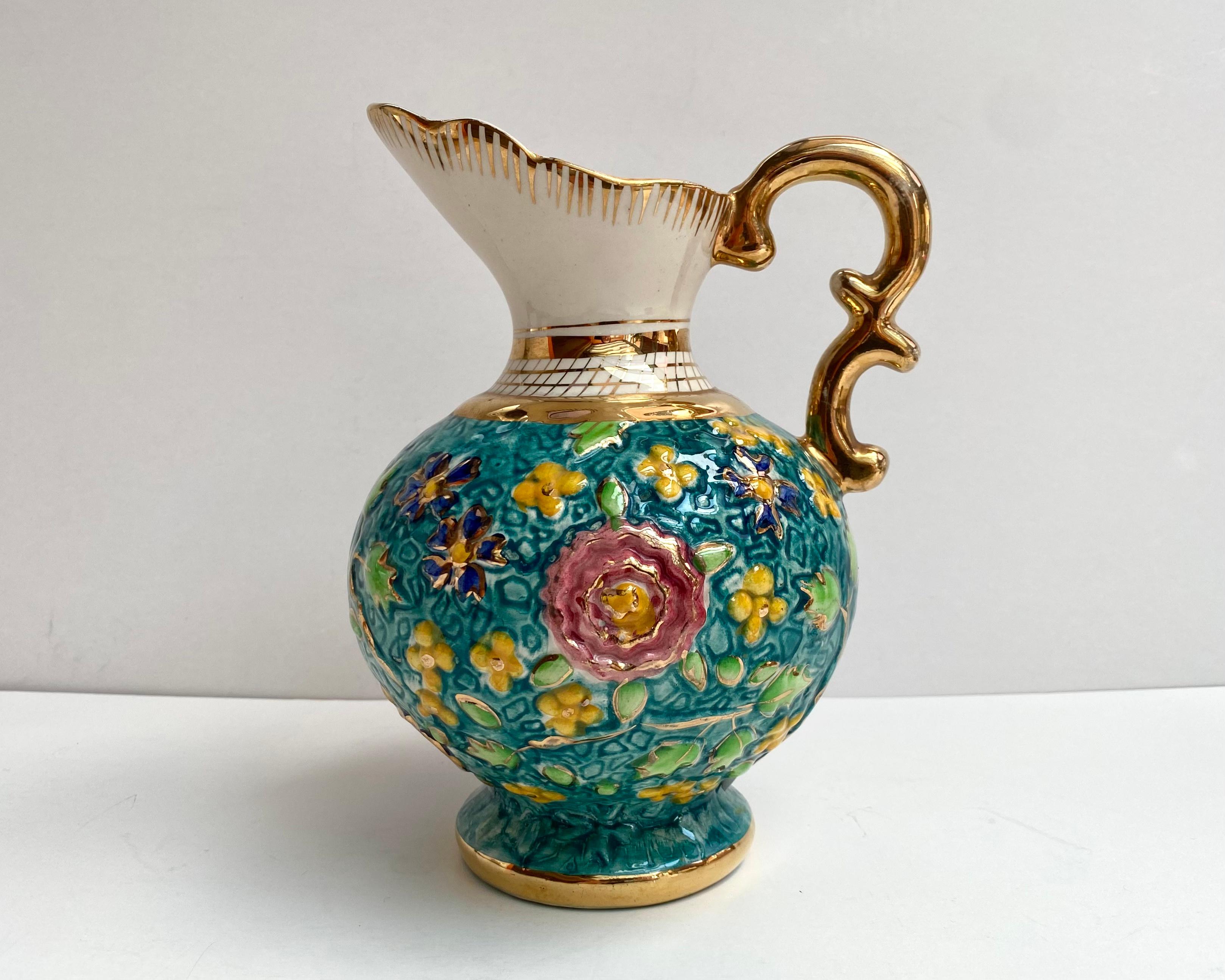 Belgian Amazing Vintage Vase, Belgium, 1950s 24k Gold Faience Vase or Jug with Handle For Sale