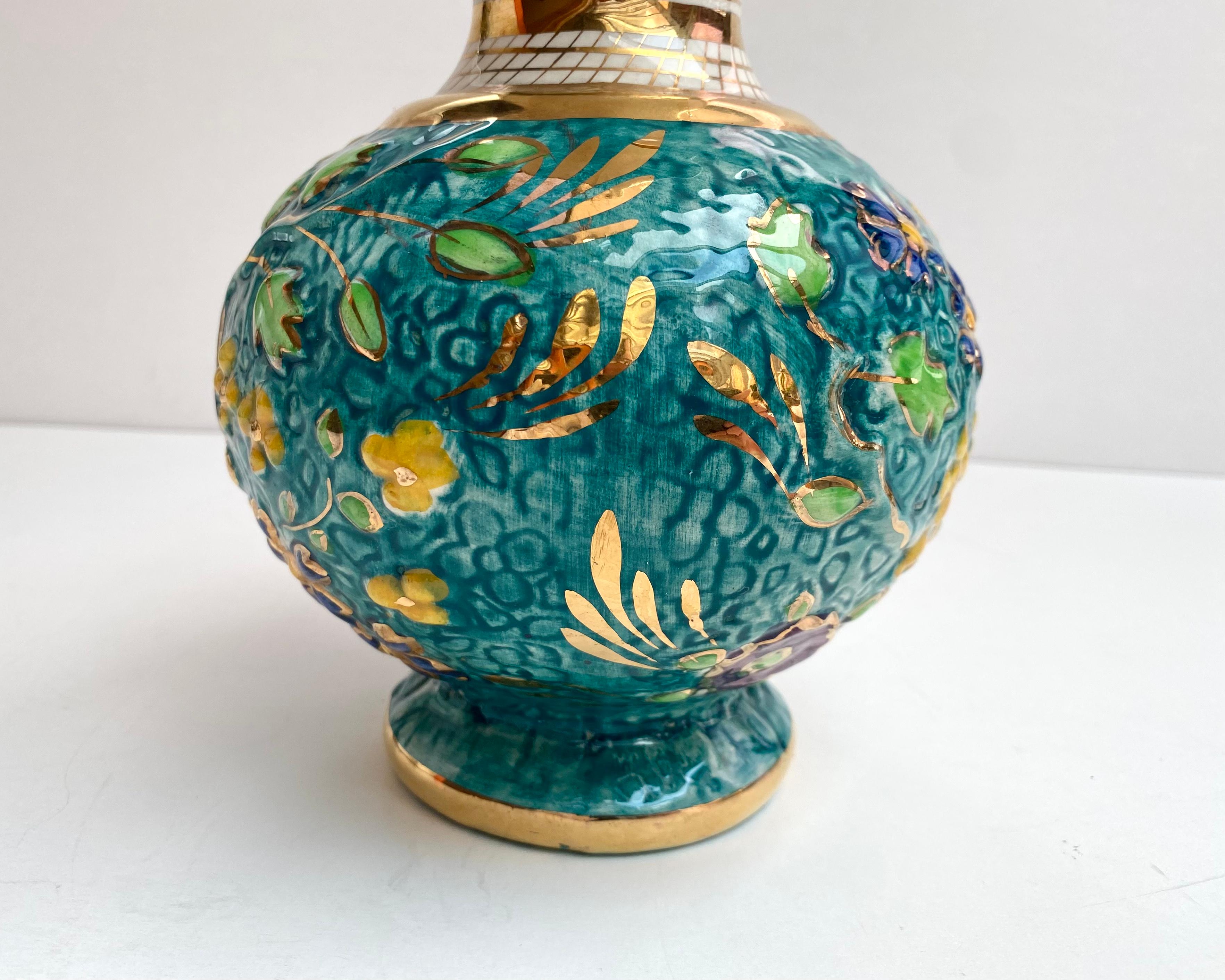 Enamel Amazing Vintage Vase, Belgium, 1950s 24k Gold Faience Vase or Jug with Handle For Sale