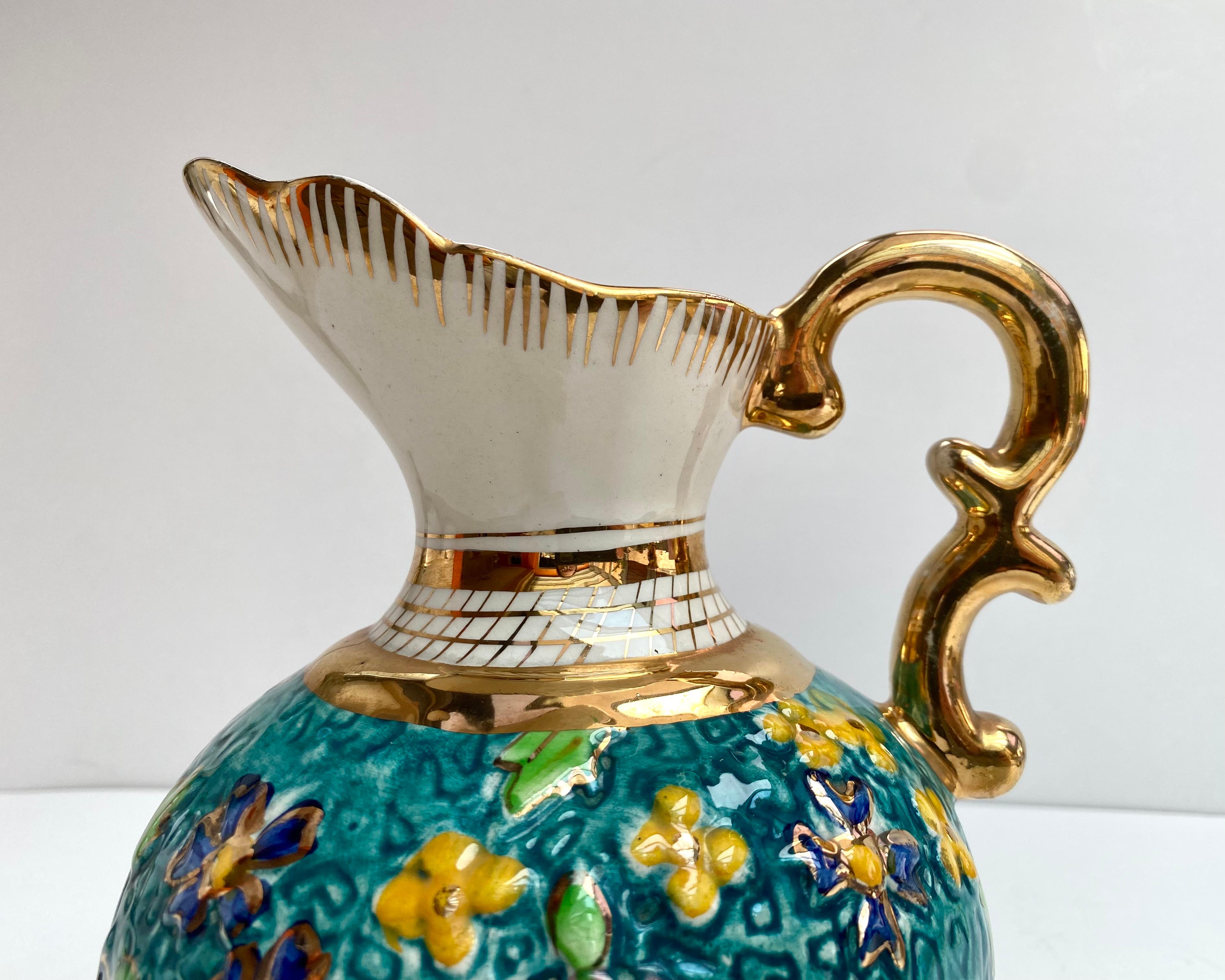 Amazing Vintage Vase, Belgium, 1950s 24k Gold Faience Vase or Jug with Handle For Sale 1