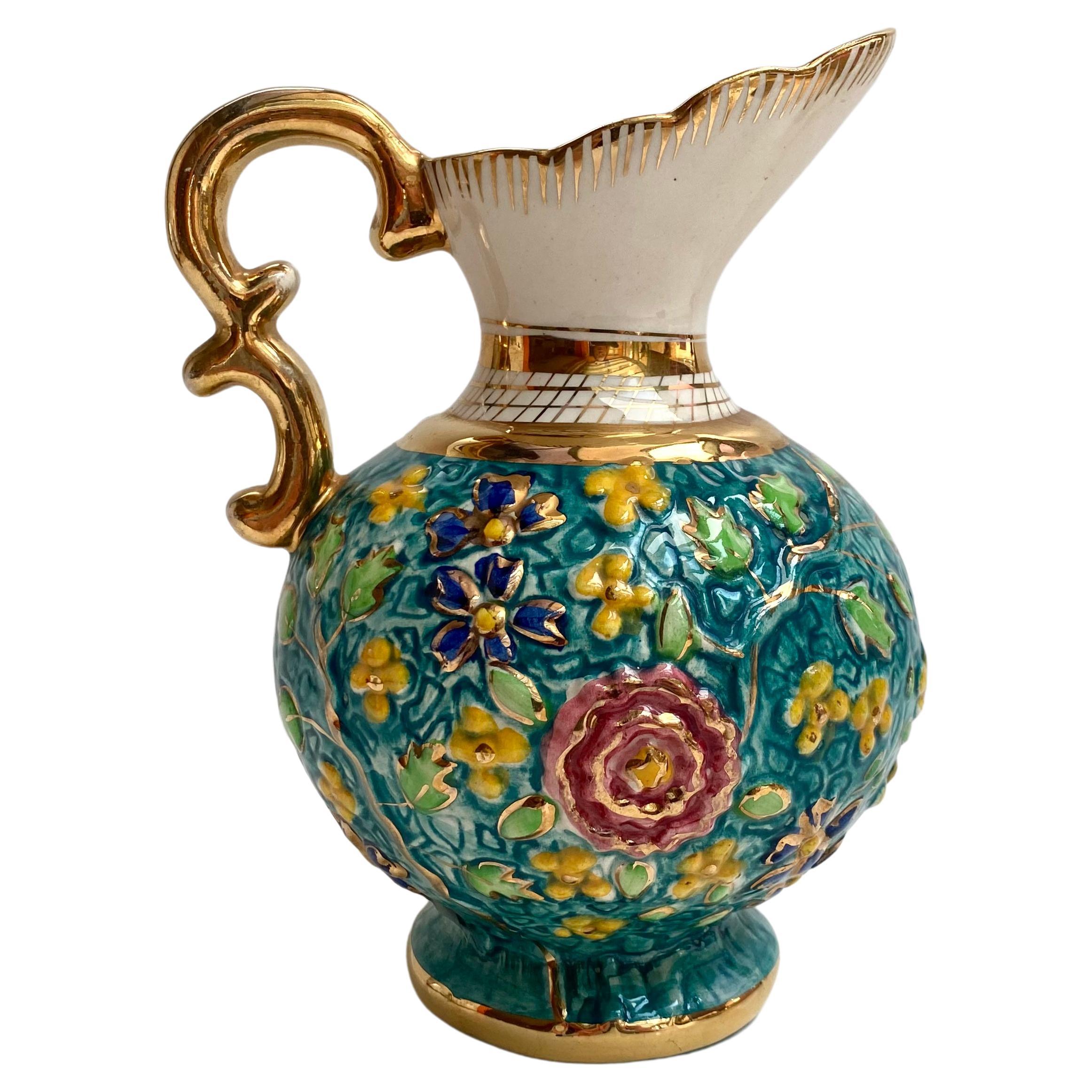 Amazing Vintage Vase, Belgium, 1950s 24k Gold Faience Vase or Jug with Handle For Sale