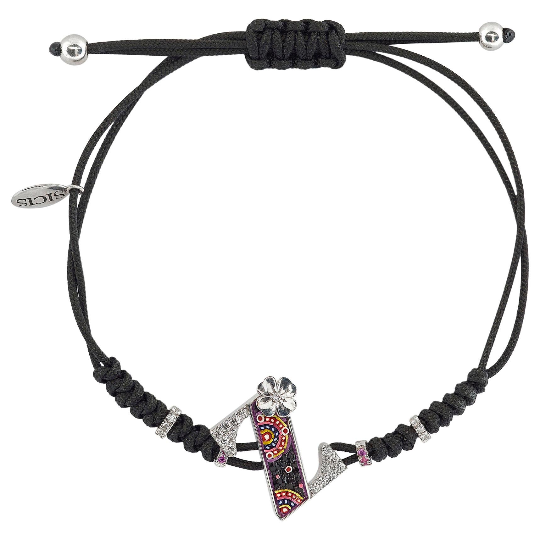 Bracciale alla moda Lettera Z in oro bianco Diamanti rosa Zaffiri Micromosaico