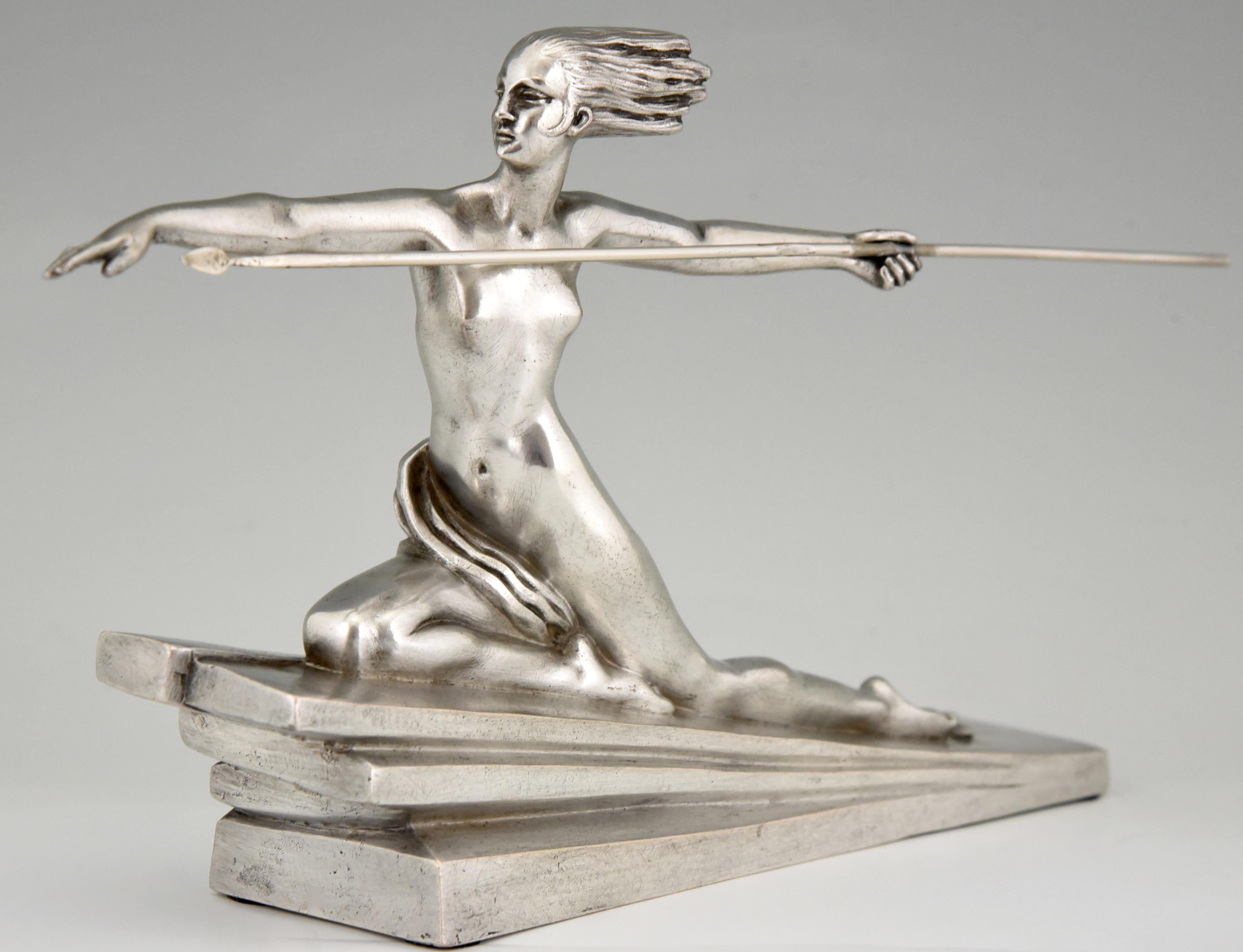 French Amazon Art Deco Bronze Sculpture Nude with Spear Marcel Andre Bouraine Etling