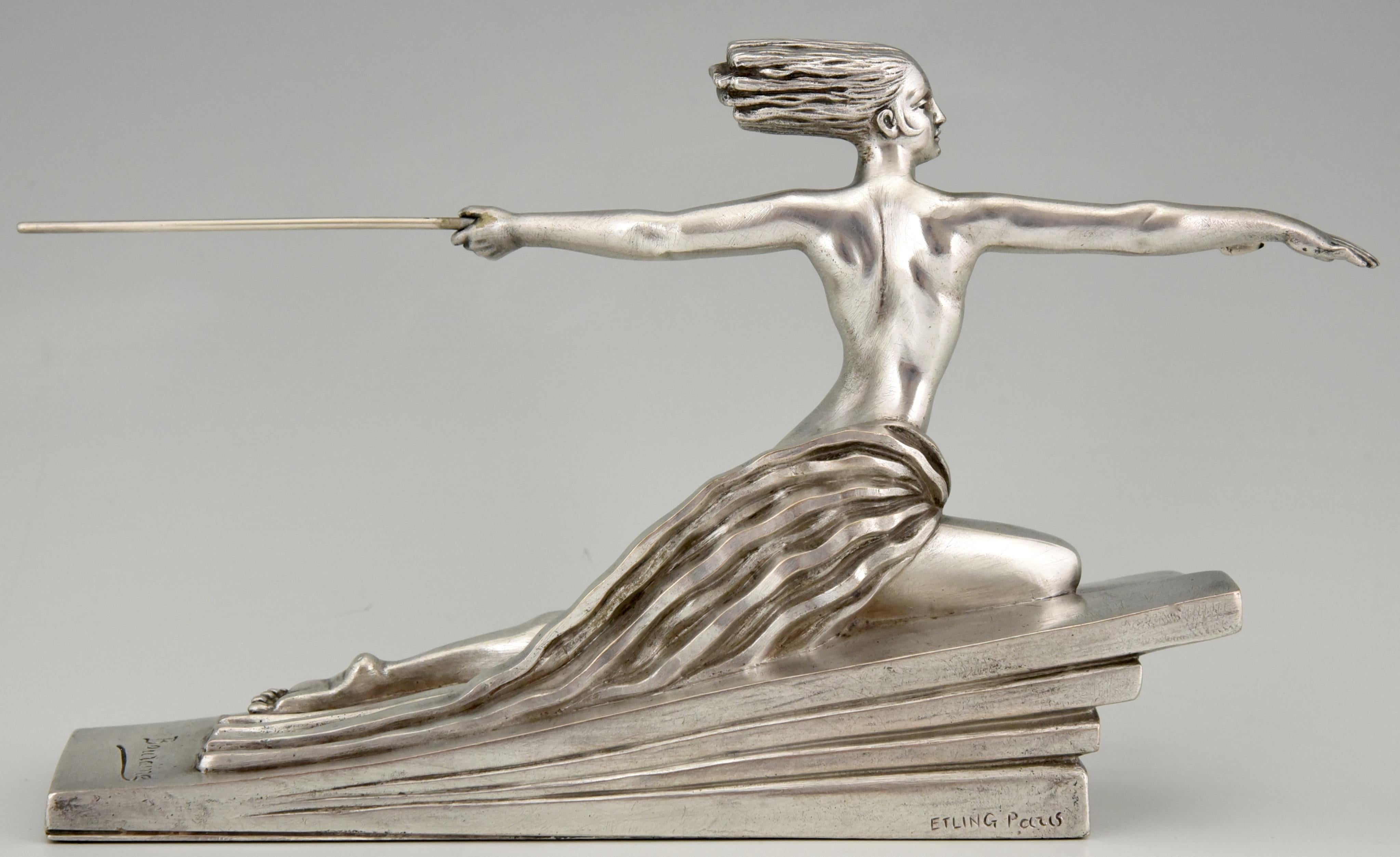 Early 20th Century Amazon Art Deco Bronze Sculpture Nude with Spear Marcel Andre Bouraine Etling