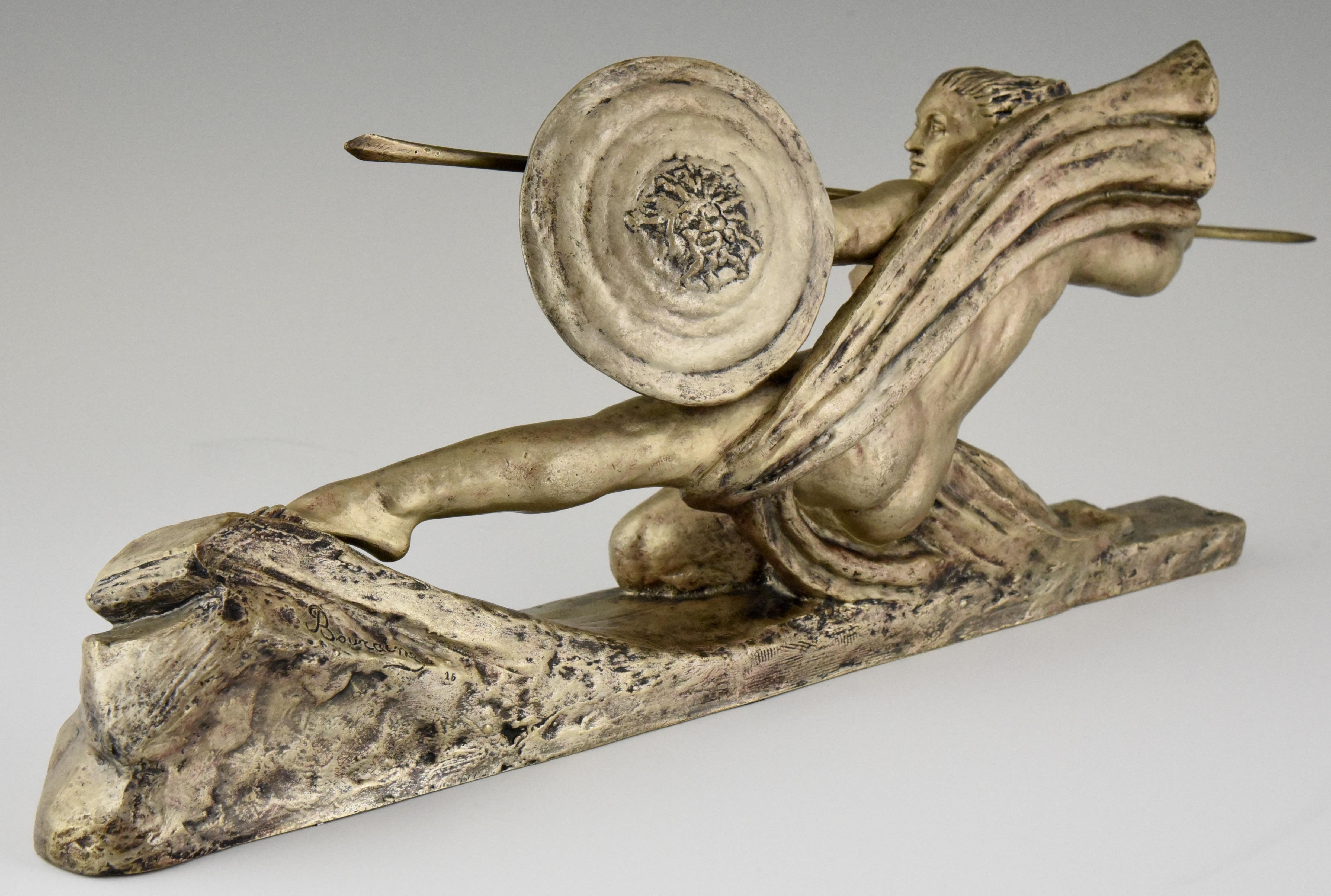 Patinated Amazone Art Deco Bronze Sculpture Female Nude Warrior Marcel Andre Bouraine 1925