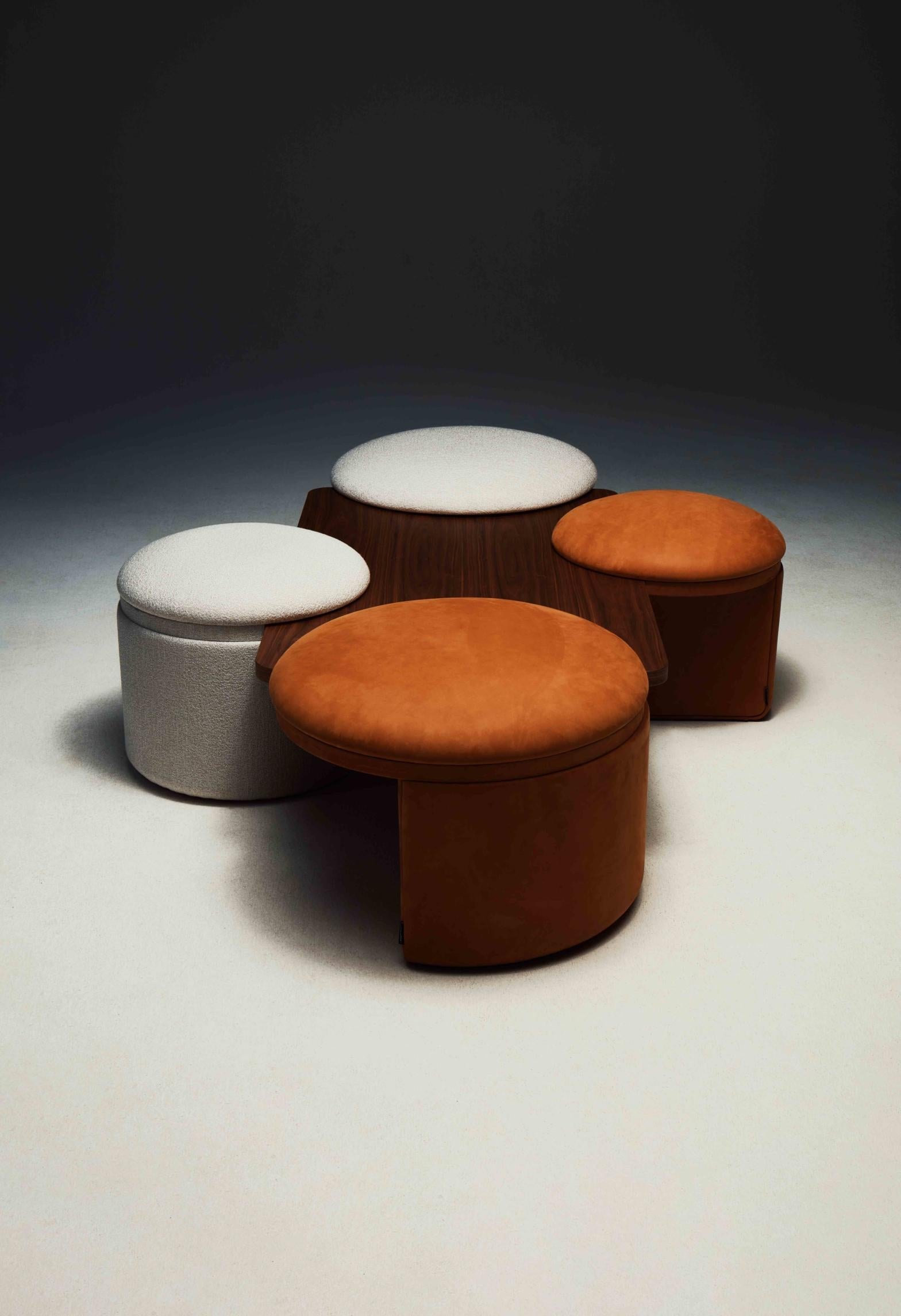 Amazone composed by 4 Pouf by Atelier oï
Dimensions: W 199 x D 13.9 x H 47 cm
Materials: Wood and foam
Upholstery: fabrics or leathers


Atelier oï was established in 1991, in La Neuveville, Switzerland, by architects and designers Aurel Aebi,