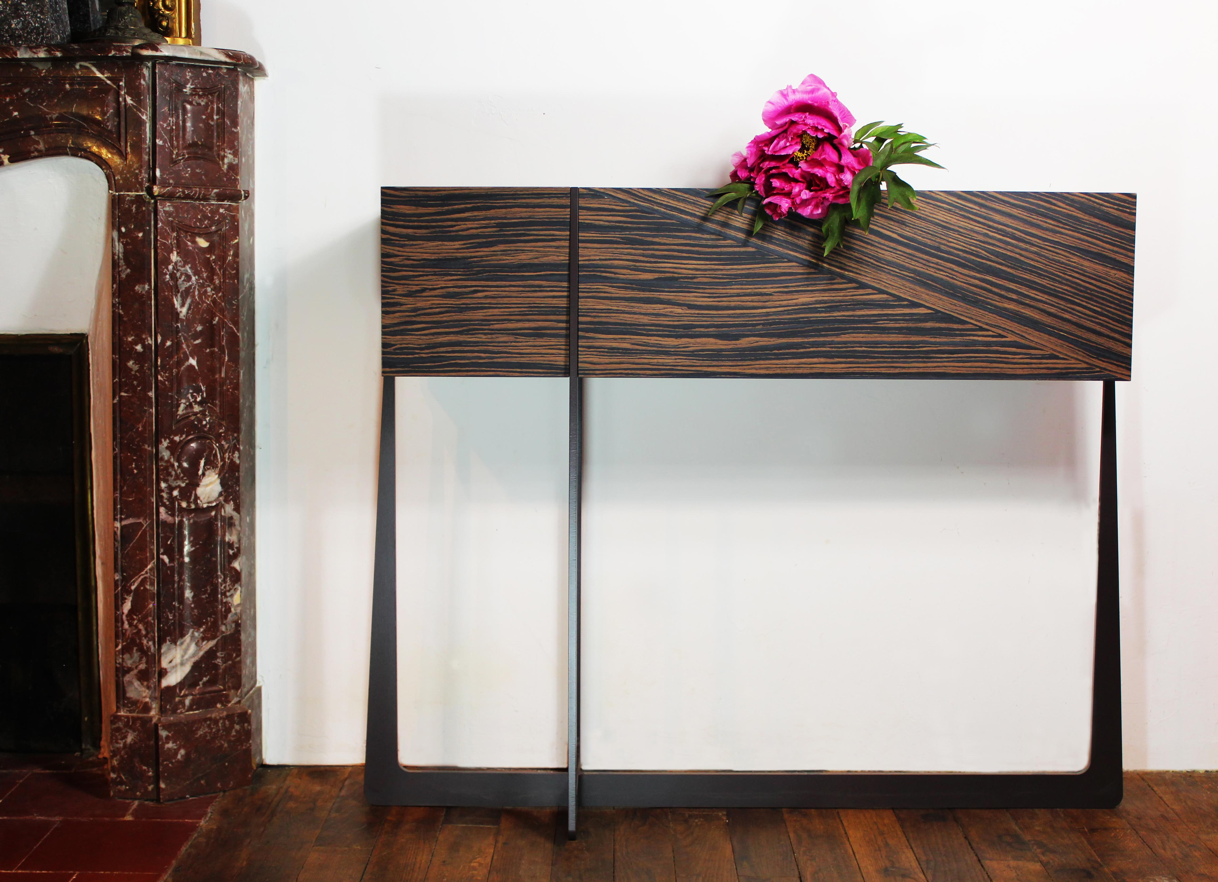 Wood Console in Steel & Reconstituted Ebony Veneer Customizable by E.Gizard For Sale