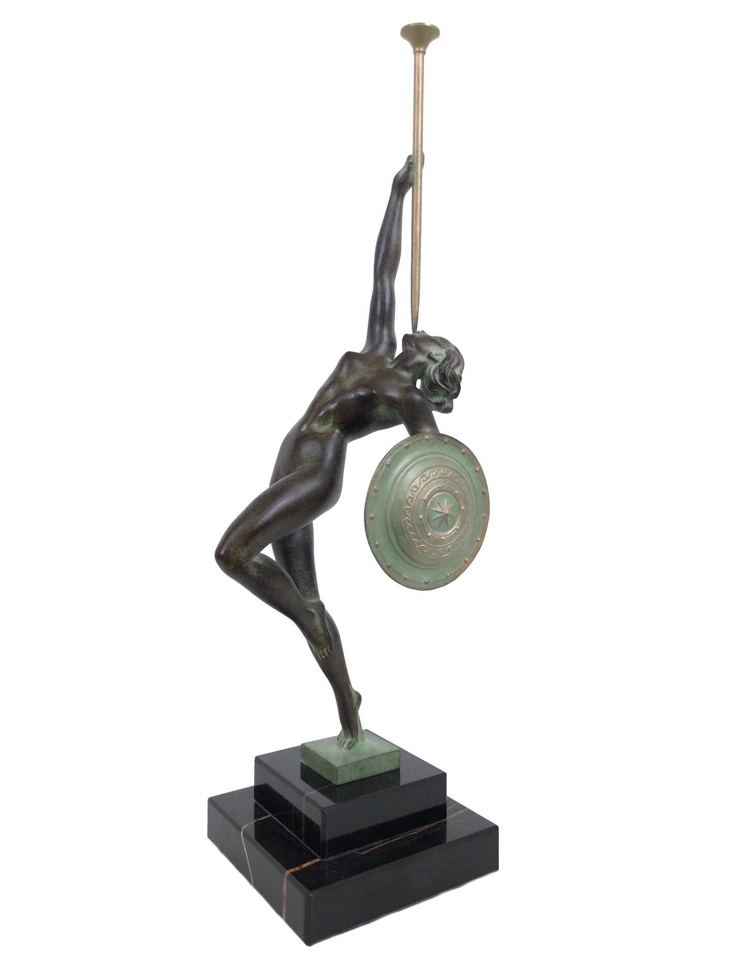 Art Deco Amazone Sculpture in Spelter, Jericho by Guerbe, Original Max Le Verrier