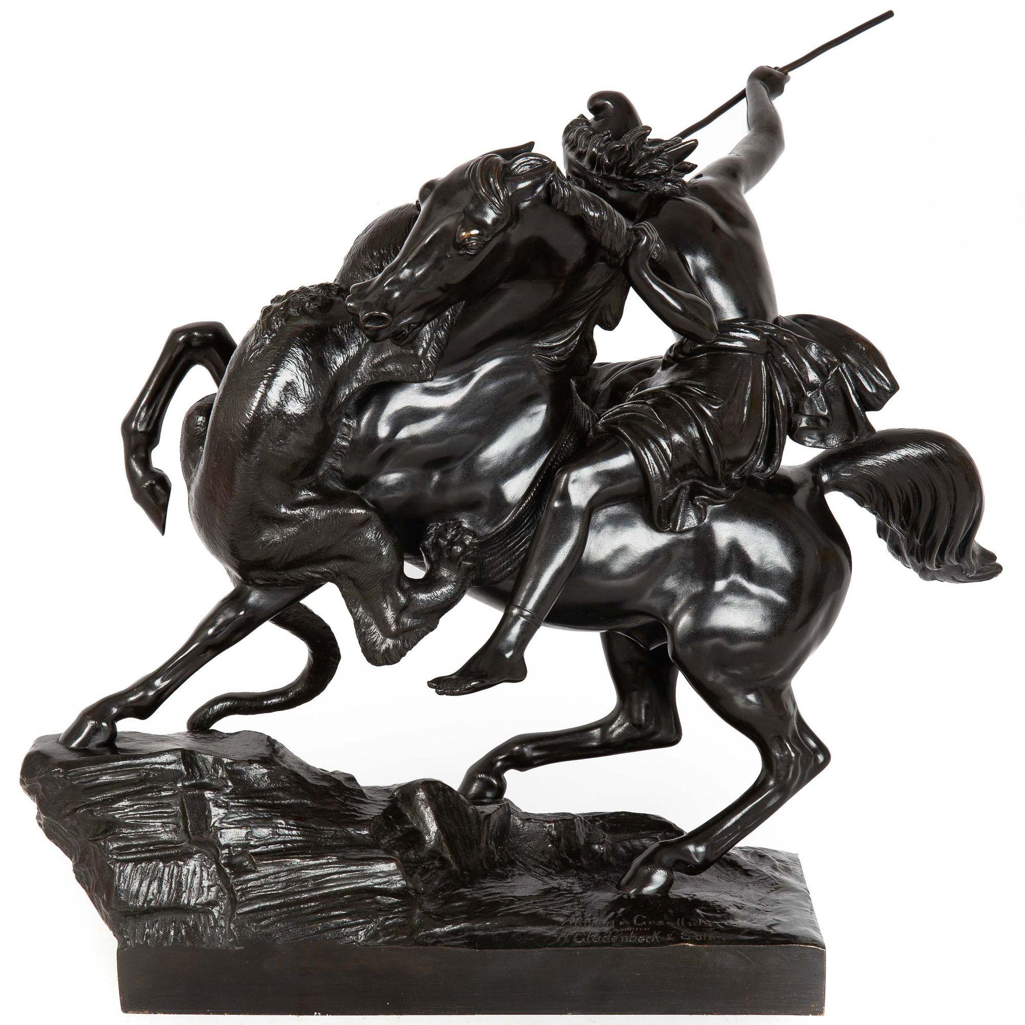 Allemand « Amazonien combattant un tigre » - Sculpture allemande en bronze ancien d'August Kiss en vente