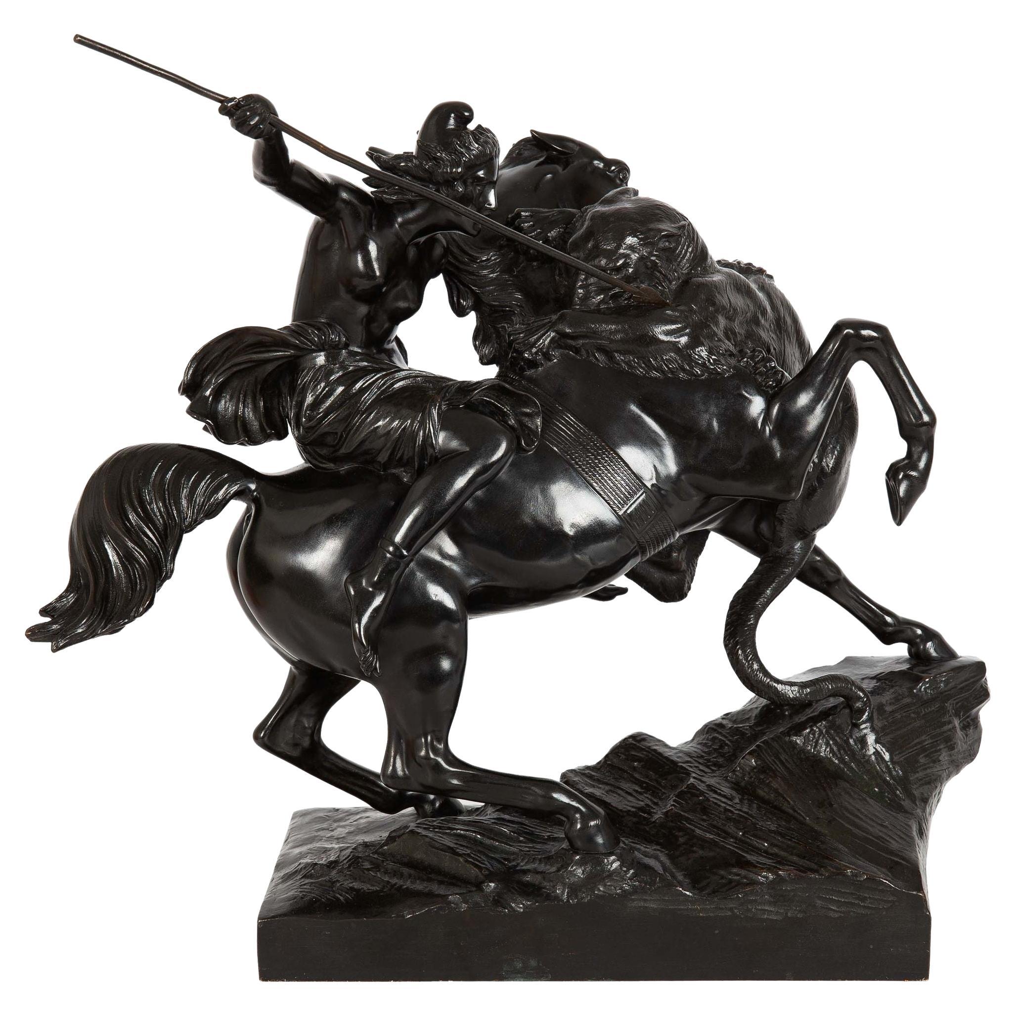 “Amazonian Fighting a Tiger” German Antique Bronze Sculpture by August Kiss For Sale