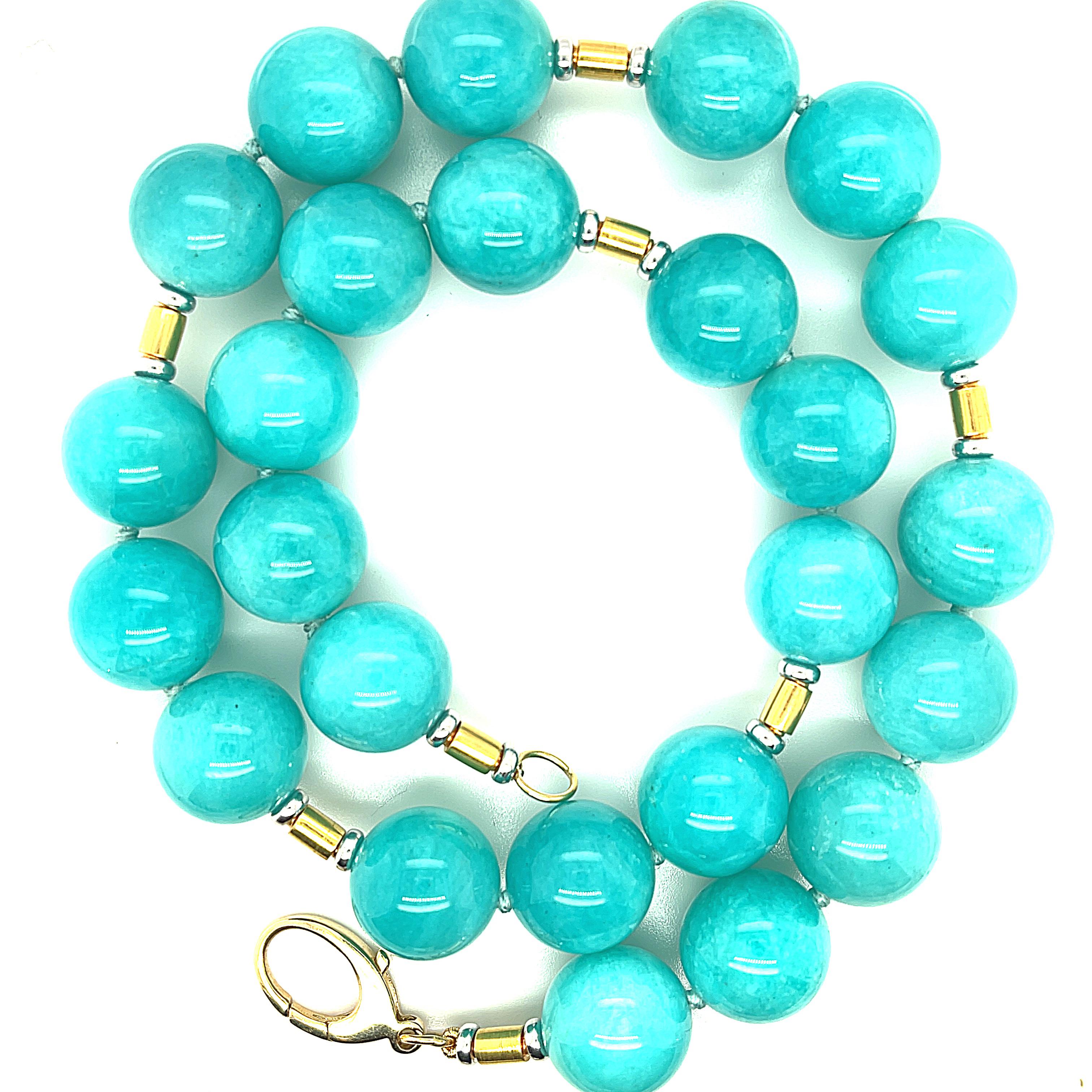 Artisan Amazonite Bead Strand Station Necklace with 18k White and Yellow Gold Spacers  