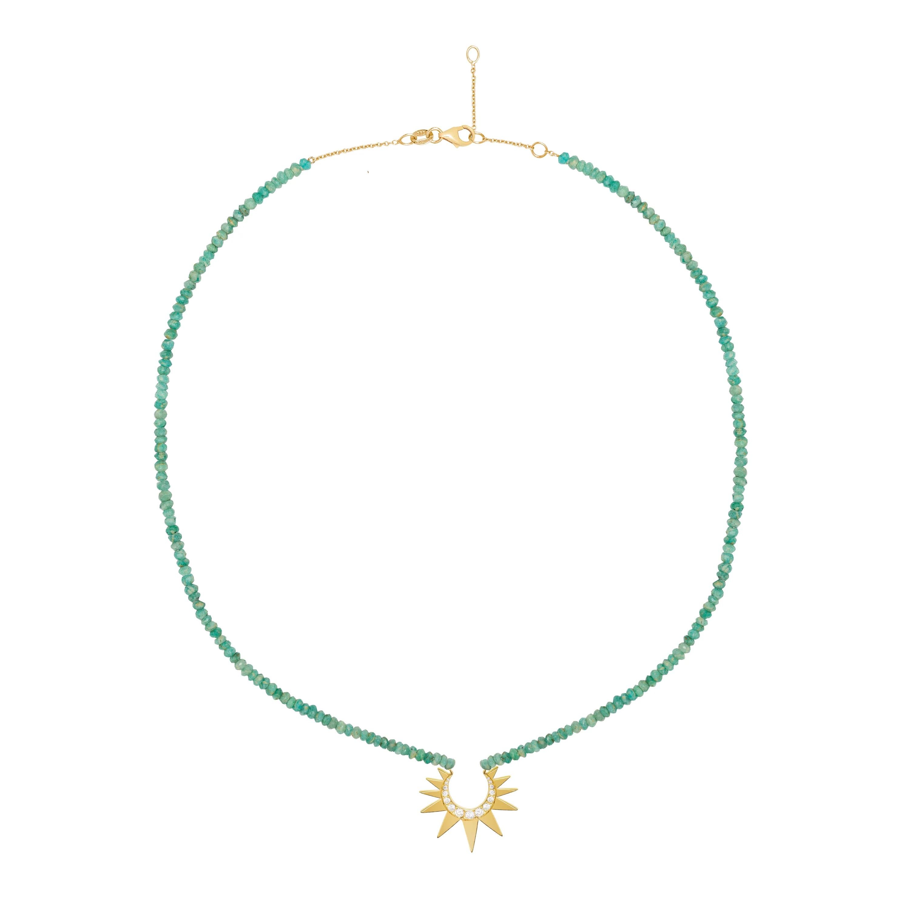 Elevated new hippie collection with semi precious stones. 

14k yellow gold small crescent with diamonds sun with diamonds on amazonite beads. 
