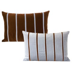 AMAZONITE Cloudy Blue & Brown Set of 2 Striped Velvet Deluxe Pillows