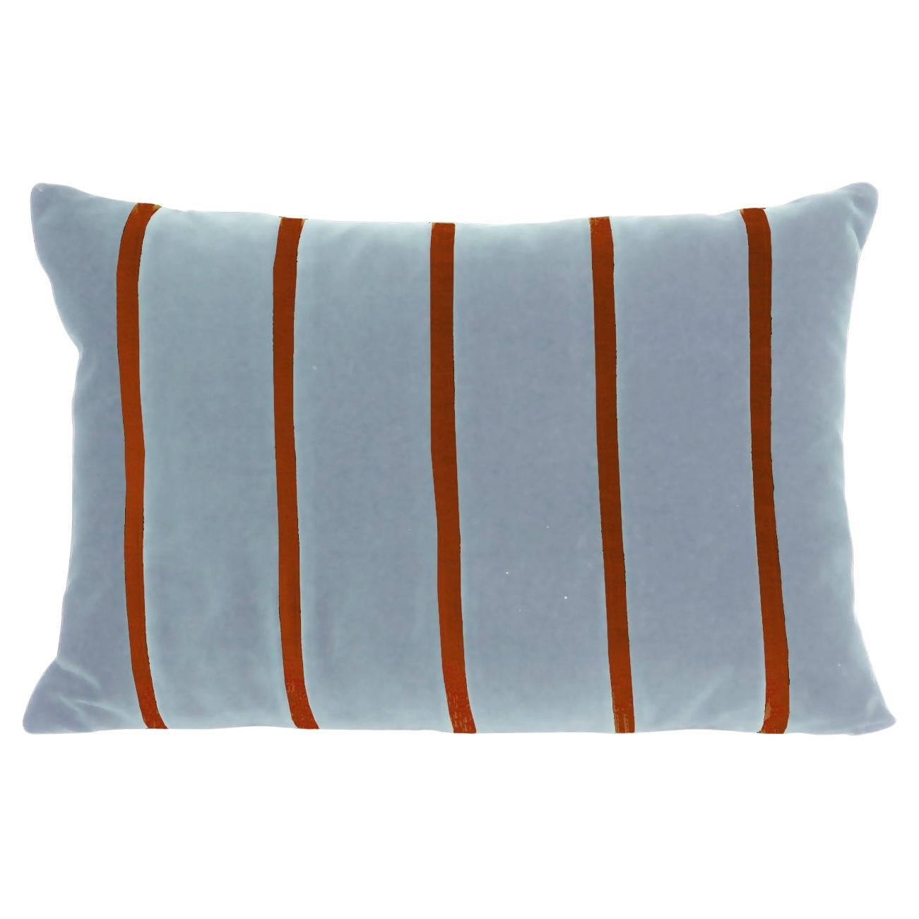 AMAZONITE Oreiller décoratif de luxe en velours rayé bleu et brun, fait main