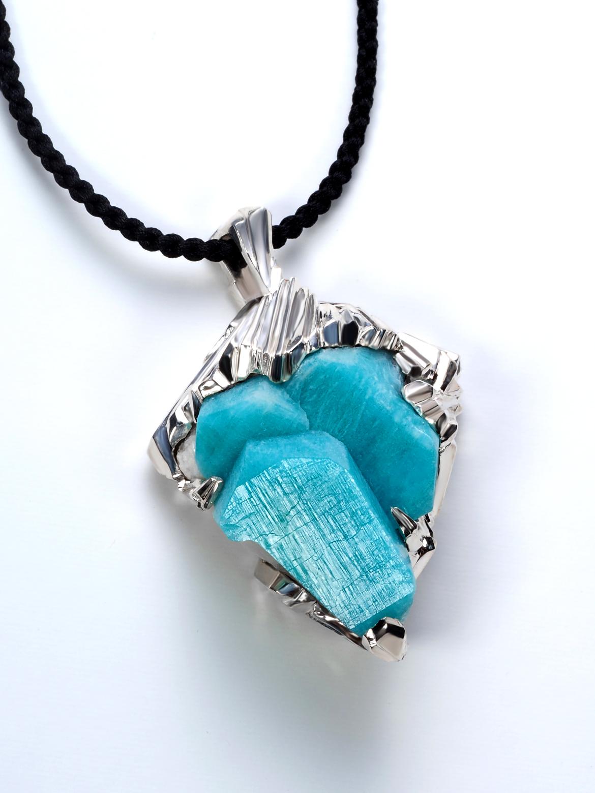 Amazonite crystal silver pendant raw rough large necklace on silk cord For Sale 3